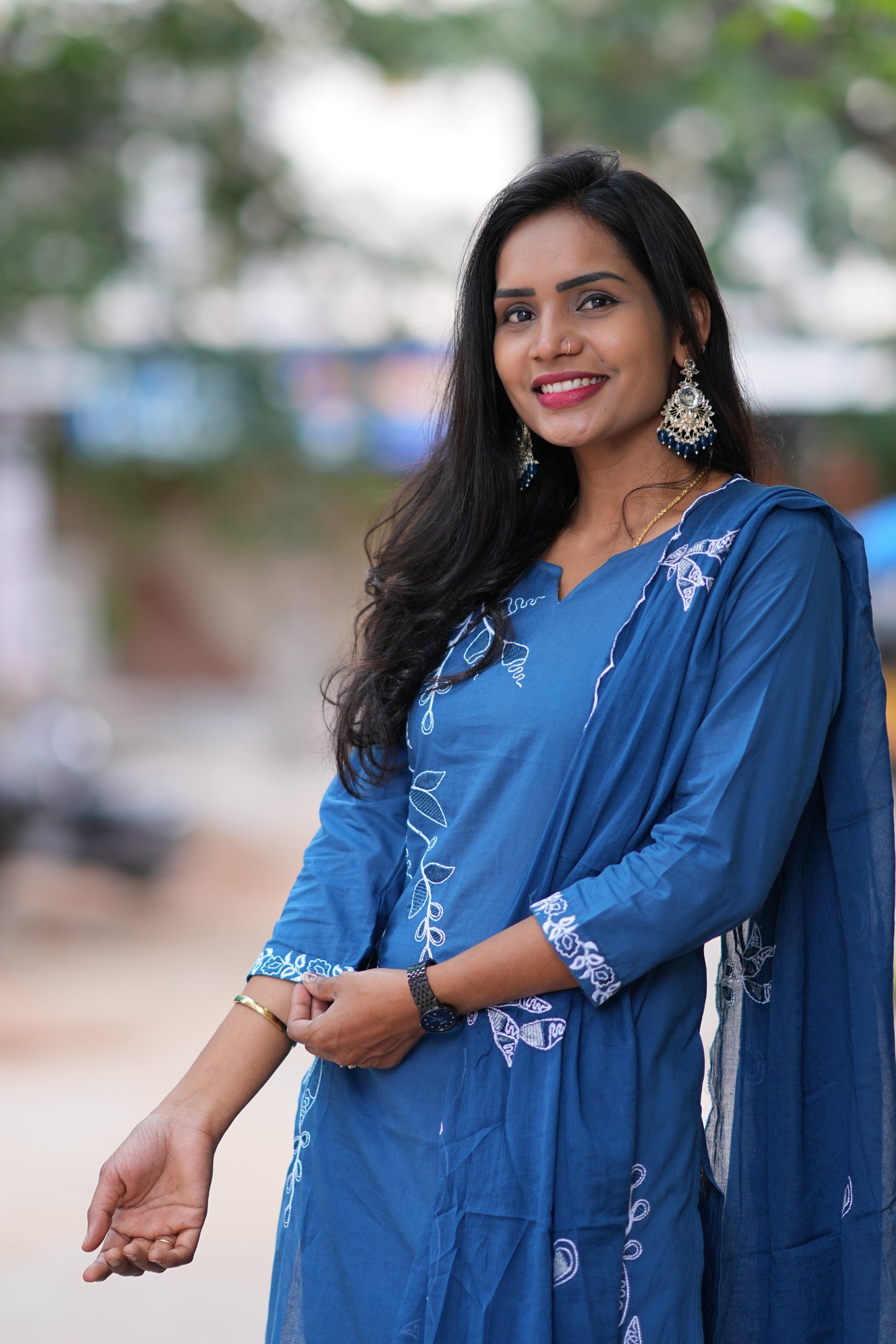 Blue Color Jaipur Cotton 3 Piece Set With Thread Embroidery Work