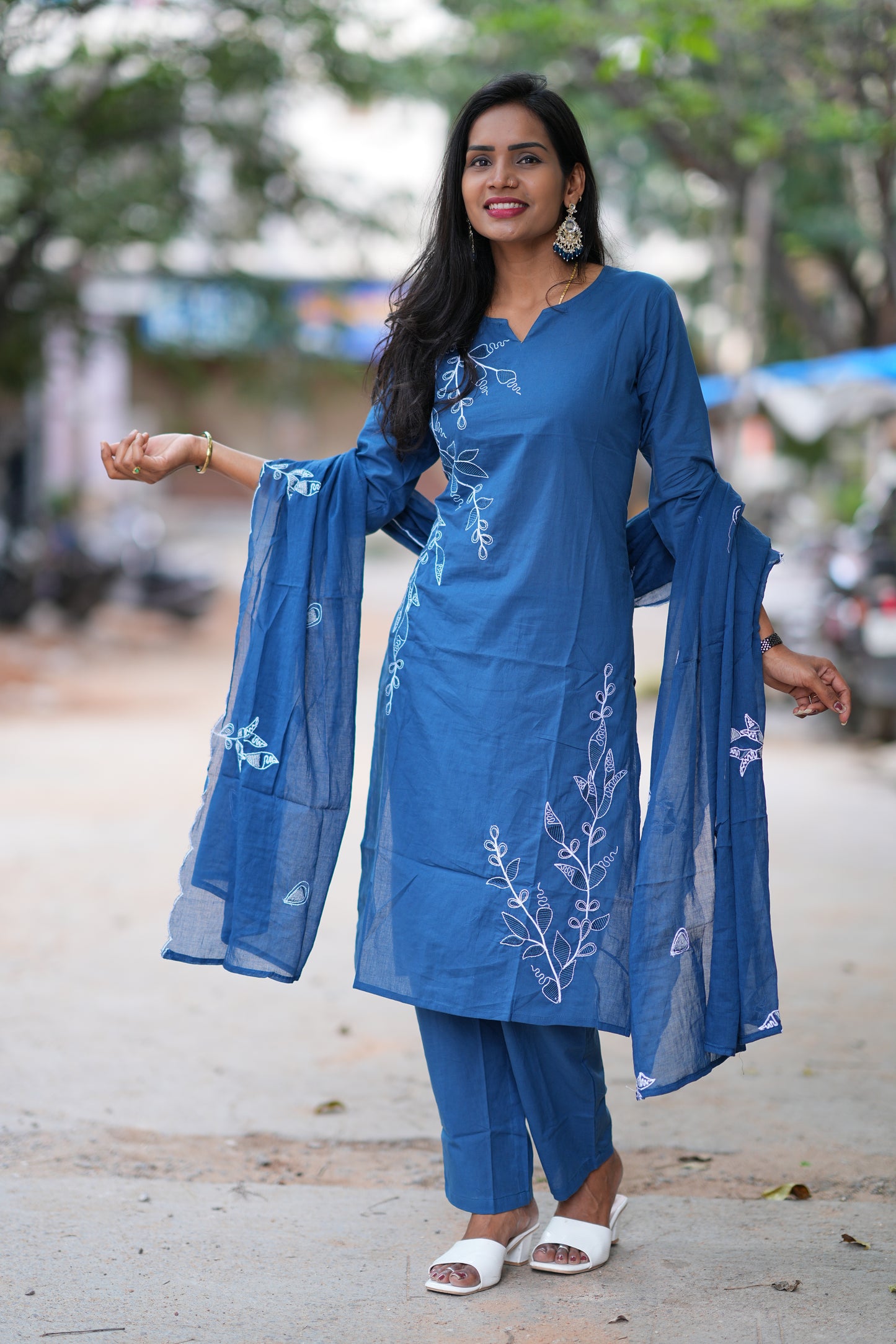 Blue Color Jaipur Cotton 3 Piece Set With Thread Embroidery Work