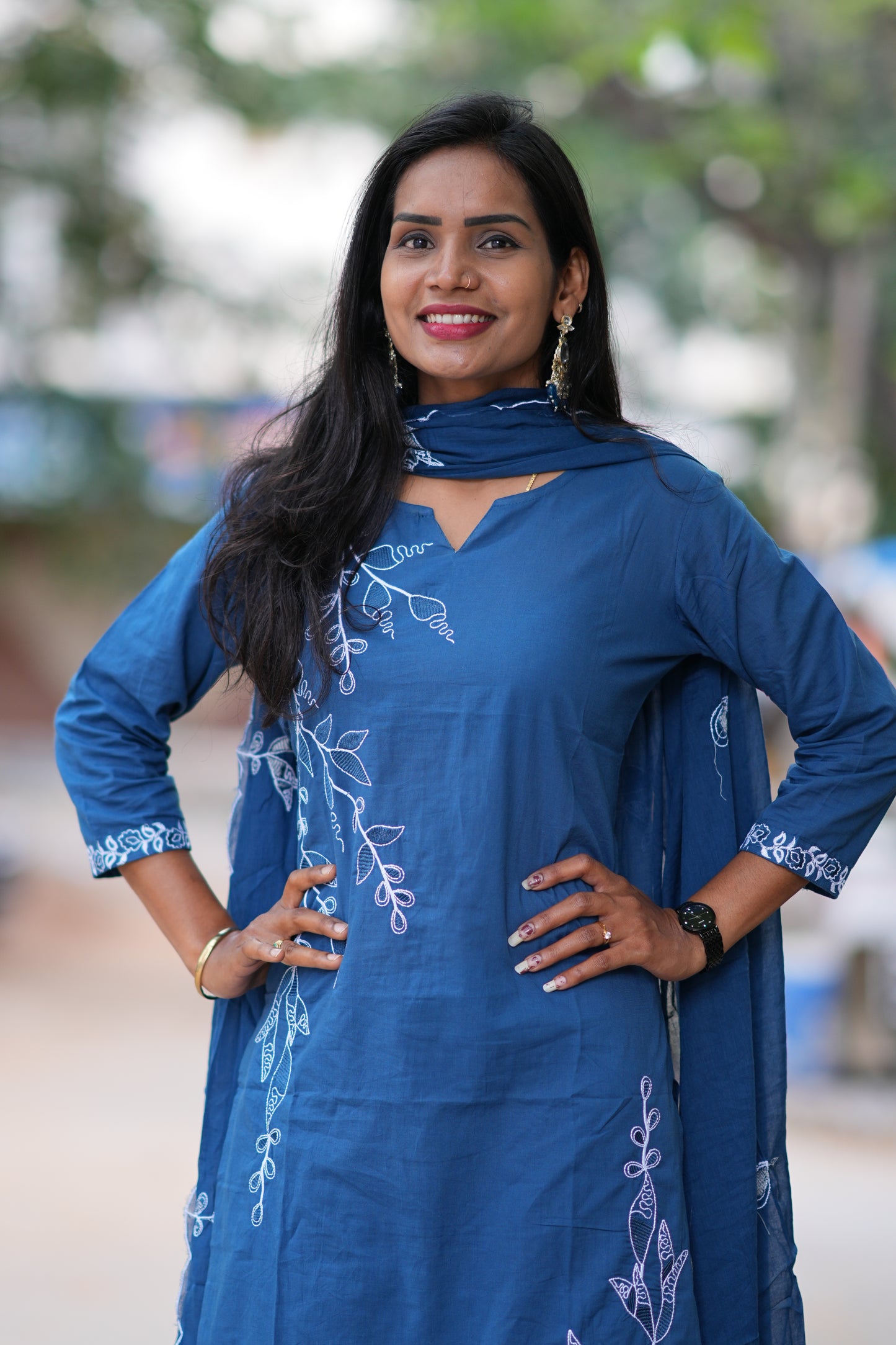 Blue Color Jaipur Cotton 3 Piece Set With Thread Embroidery Work