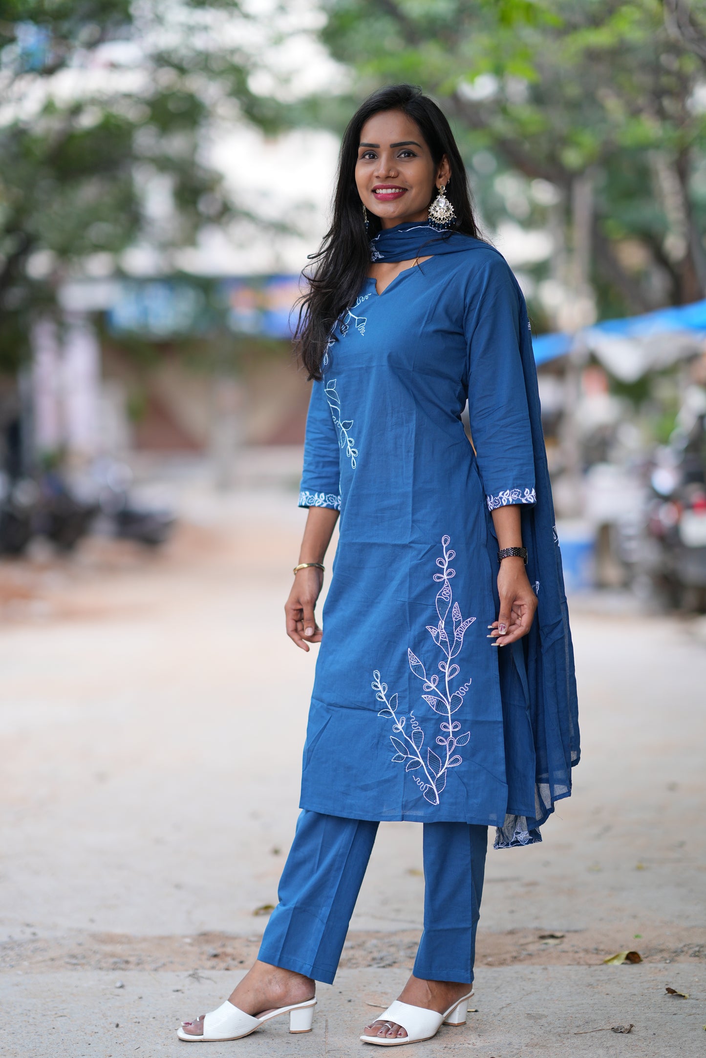 Blue Color Jaipur Cotton 3 Piece Set With Thread Embroidery Work