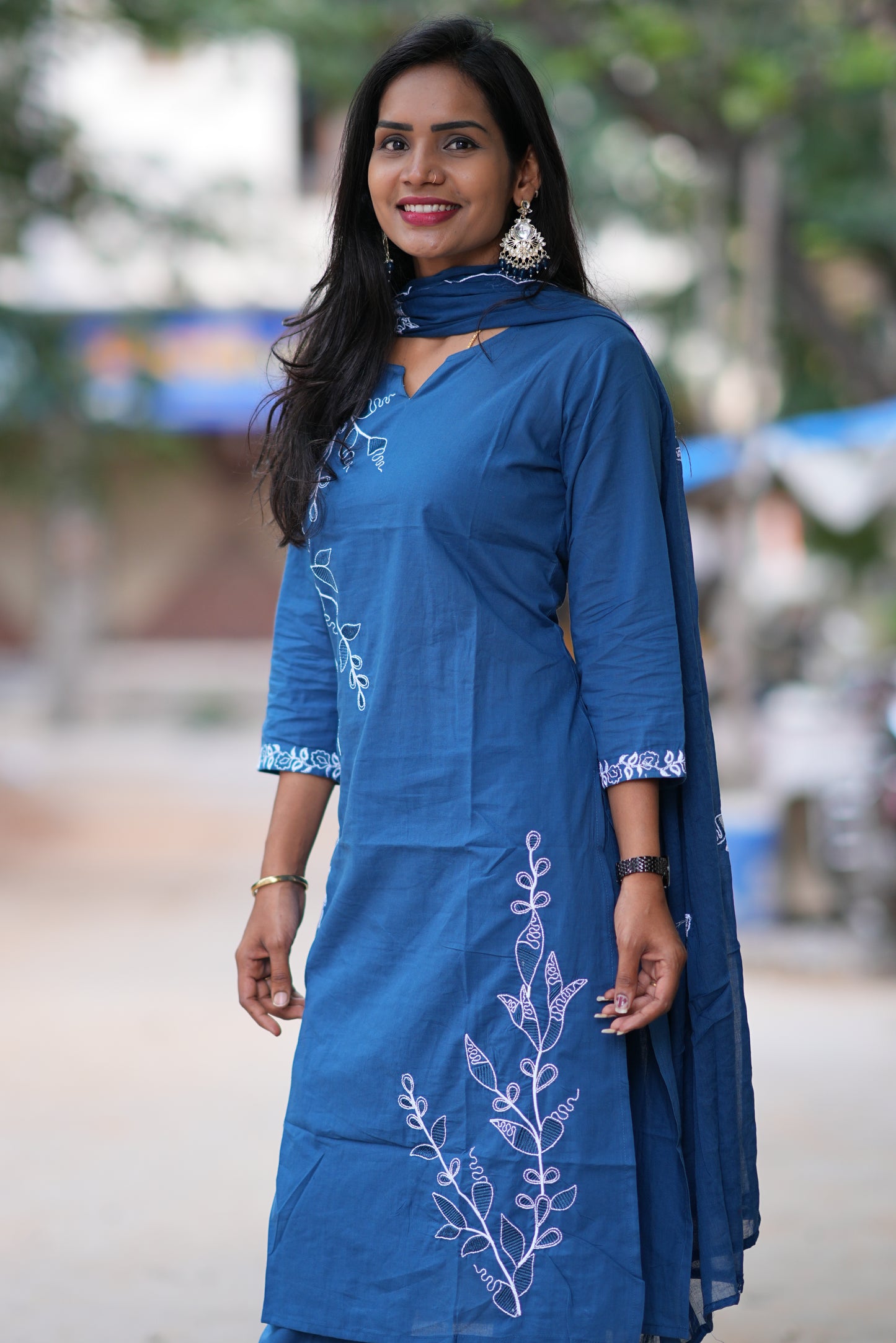 Blue Color Jaipur Cotton 3 Piece Set With Thread Embroidery Work