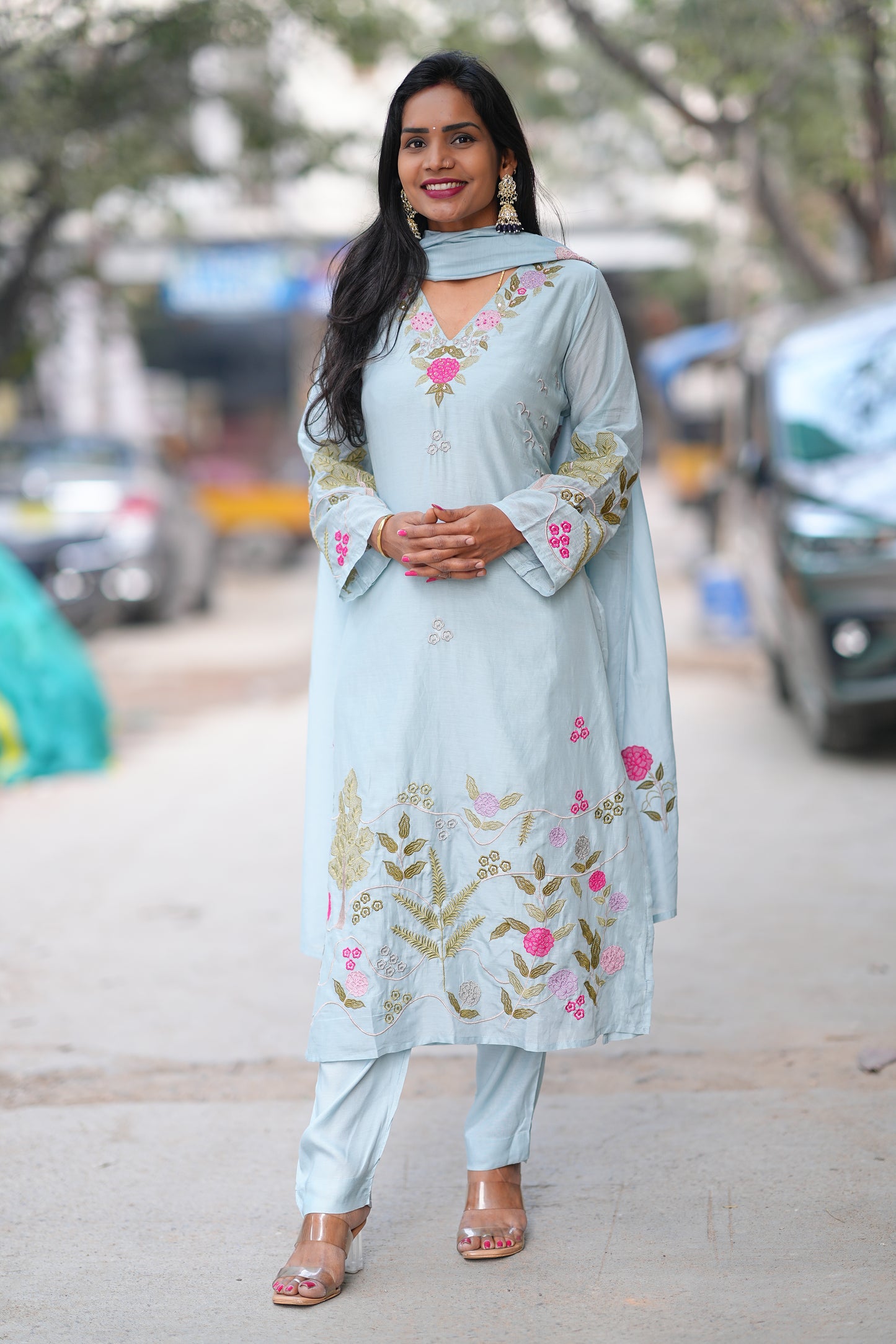 Ice Blue Mul Chanderi Designer Wear 3 Piece Set