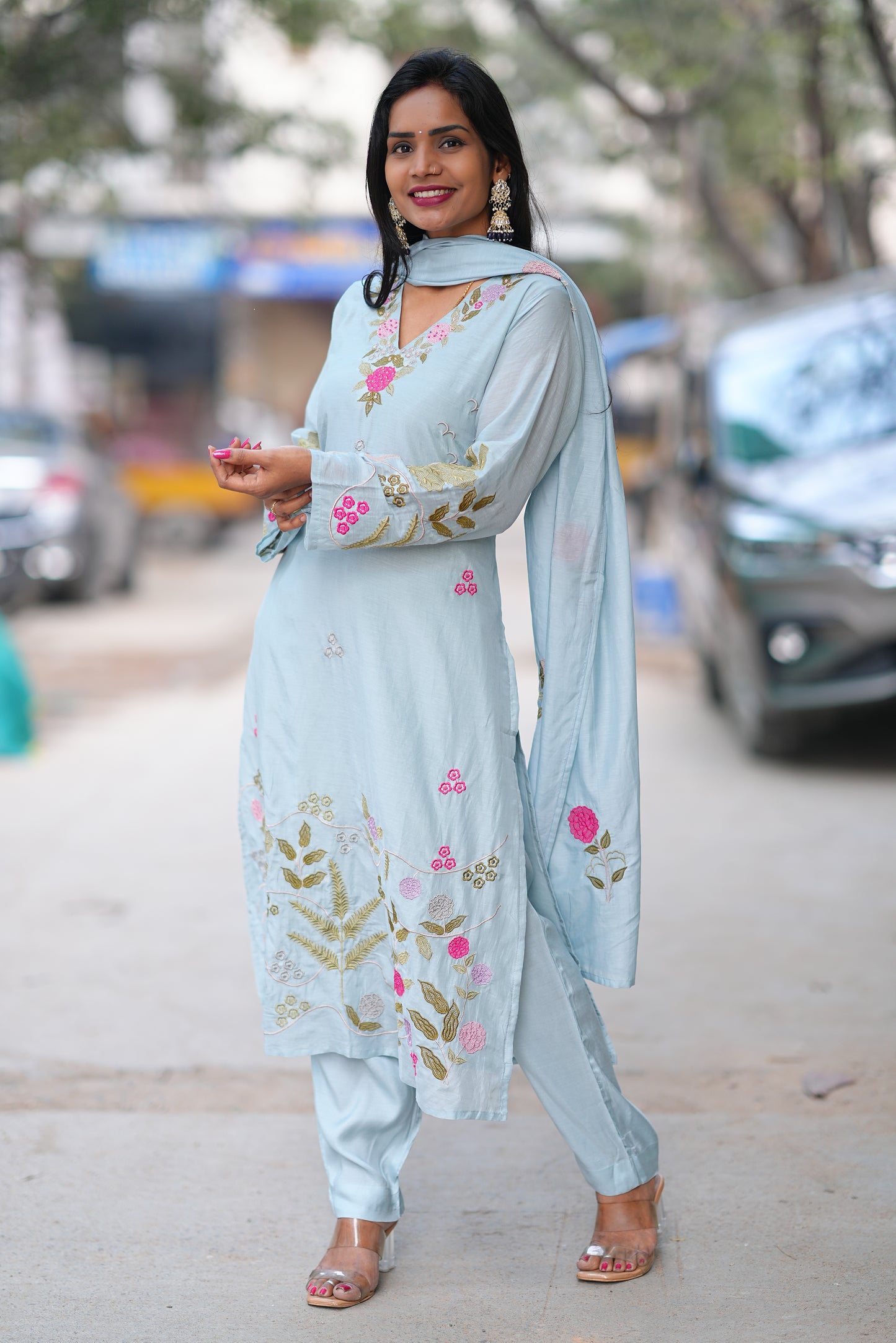 Ice Blue Mul Chanderi Designer Wear 3 Piece Set