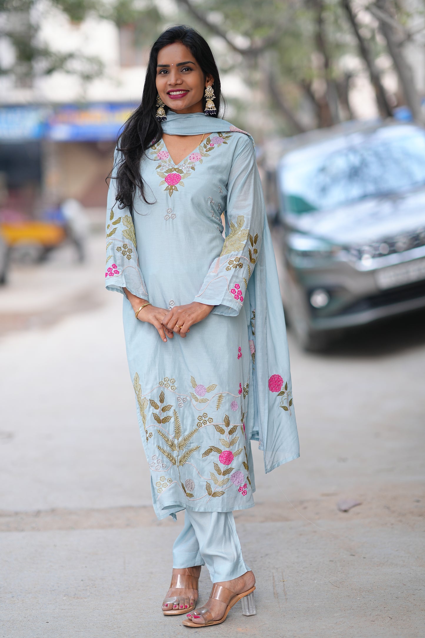 Ice Blue Mul Chanderi Designer Wear 3 Piece Set
