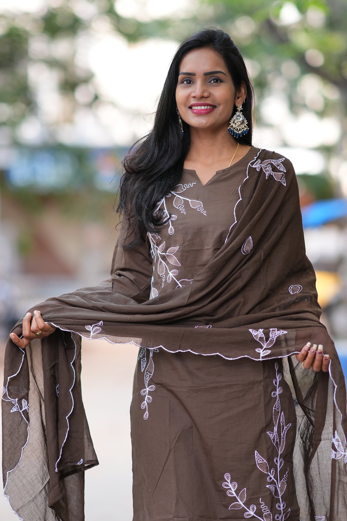 Chocolate Brown Color Jaipur Cotton 3 Piece Set With Thread Embroidery Work