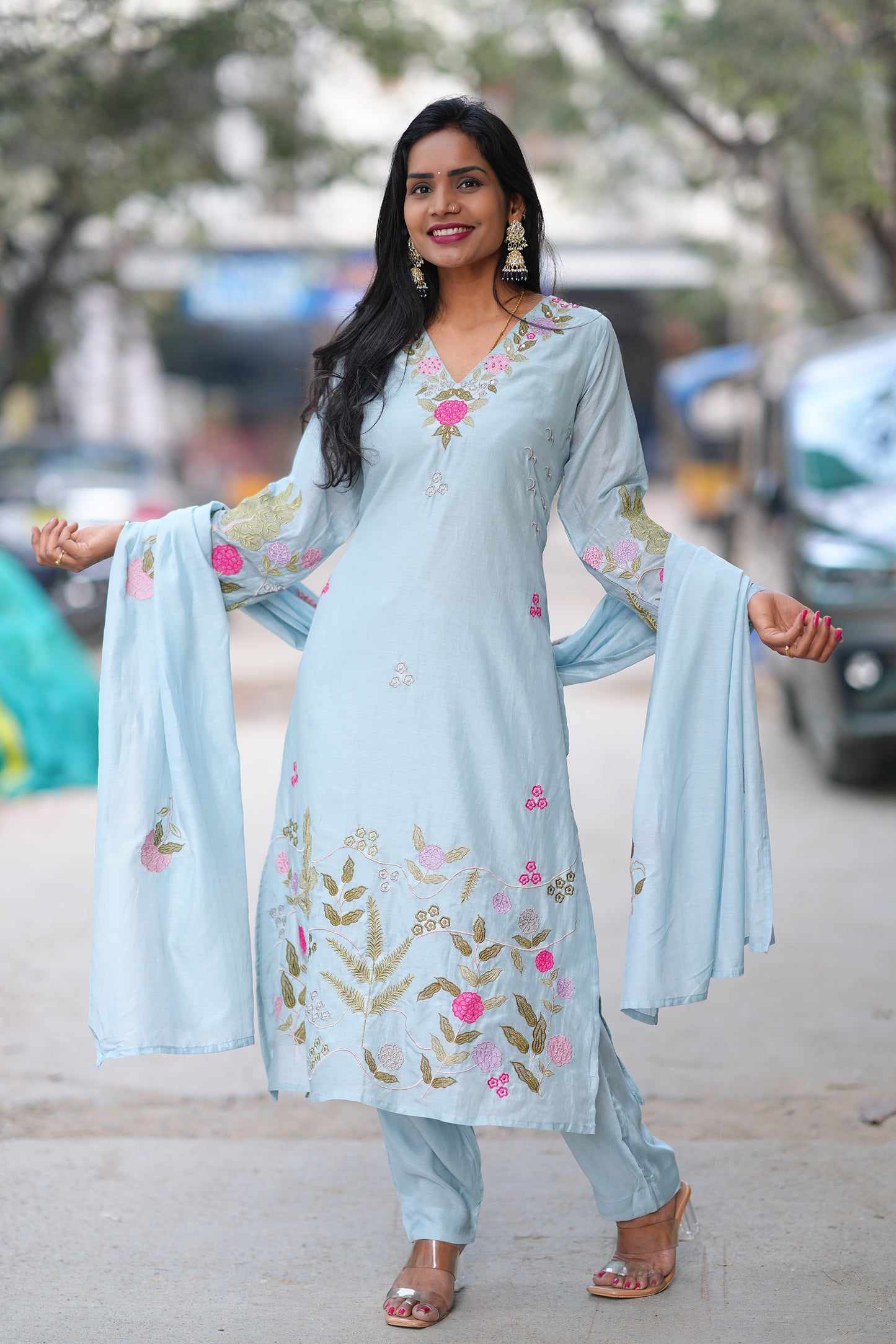 Ice Blue Mul Chanderi Designer Wear 3 Piece Set
