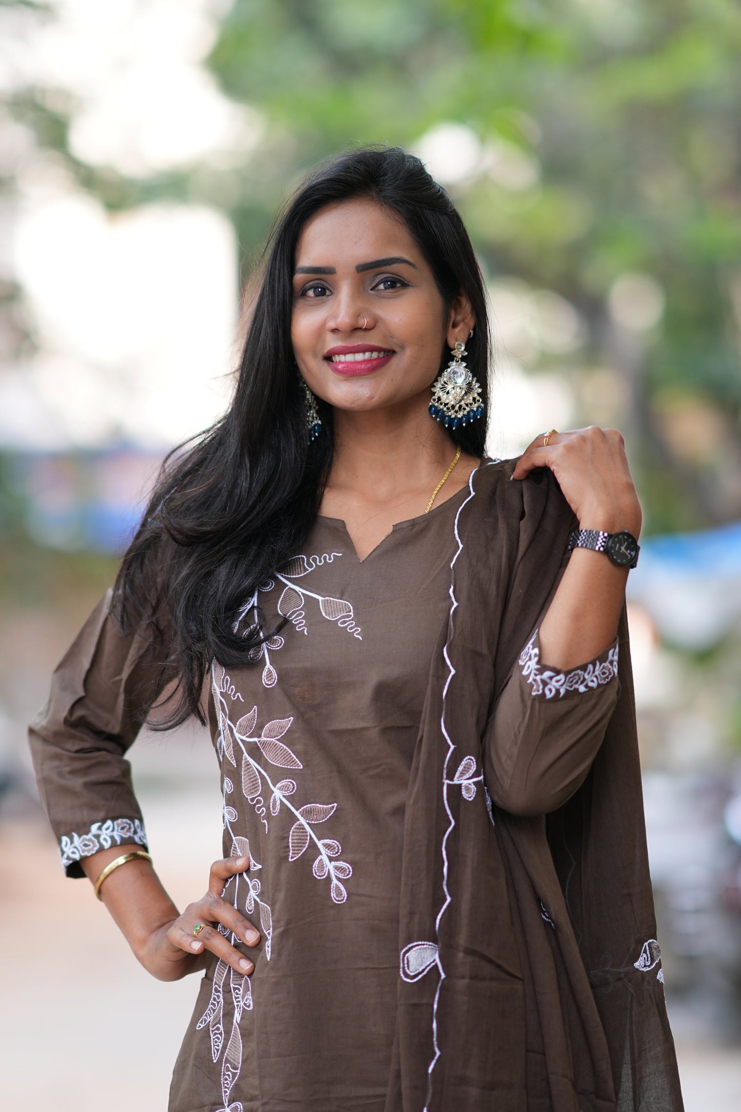 Chocolate Brown Color Jaipur Cotton 3 Piece Set With Thread Embroidery Work