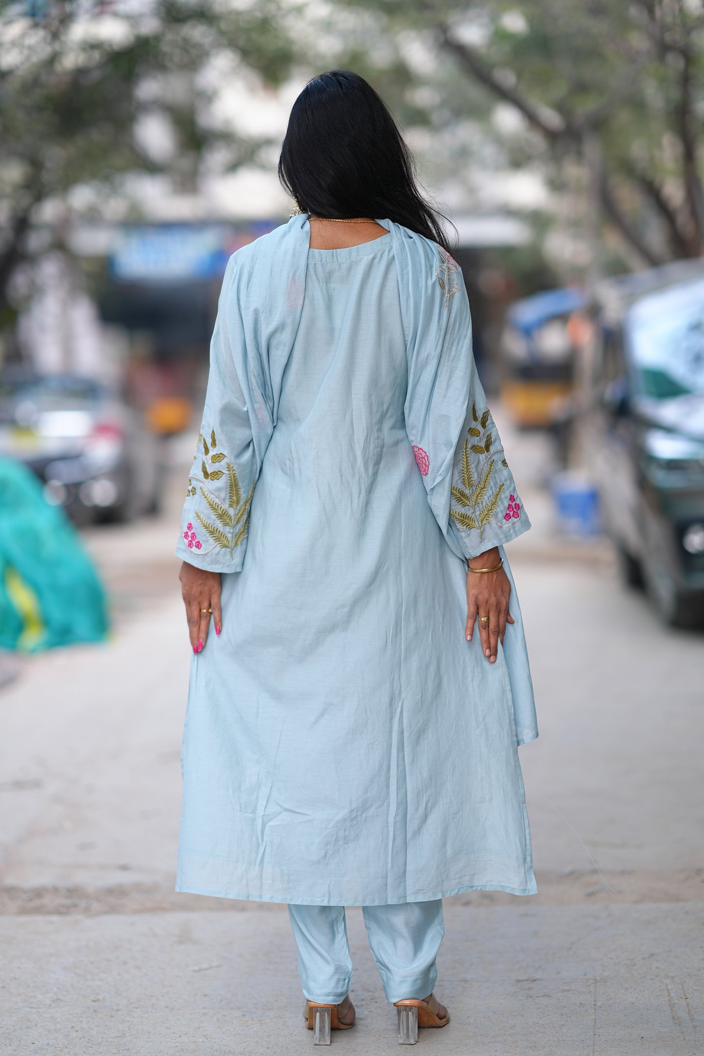 Ice Blue Mul Chanderi Designer Wear 3 Piece Set