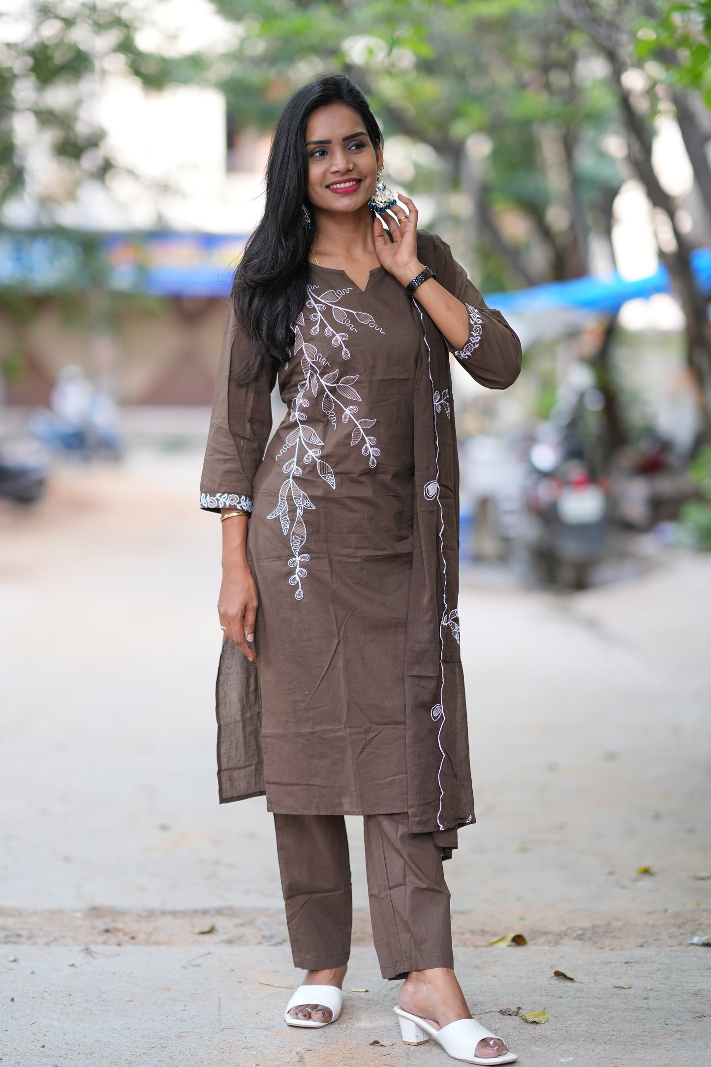 Chocolate Brown Color Jaipur Cotton 3 Piece Set With Thread Embroidery Work