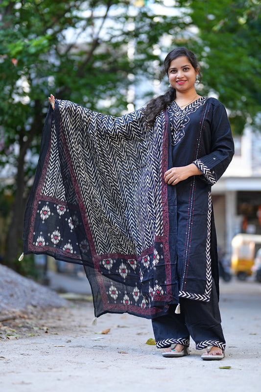 Black Color Heavy Jaipur Cotton 3 Piece Set
