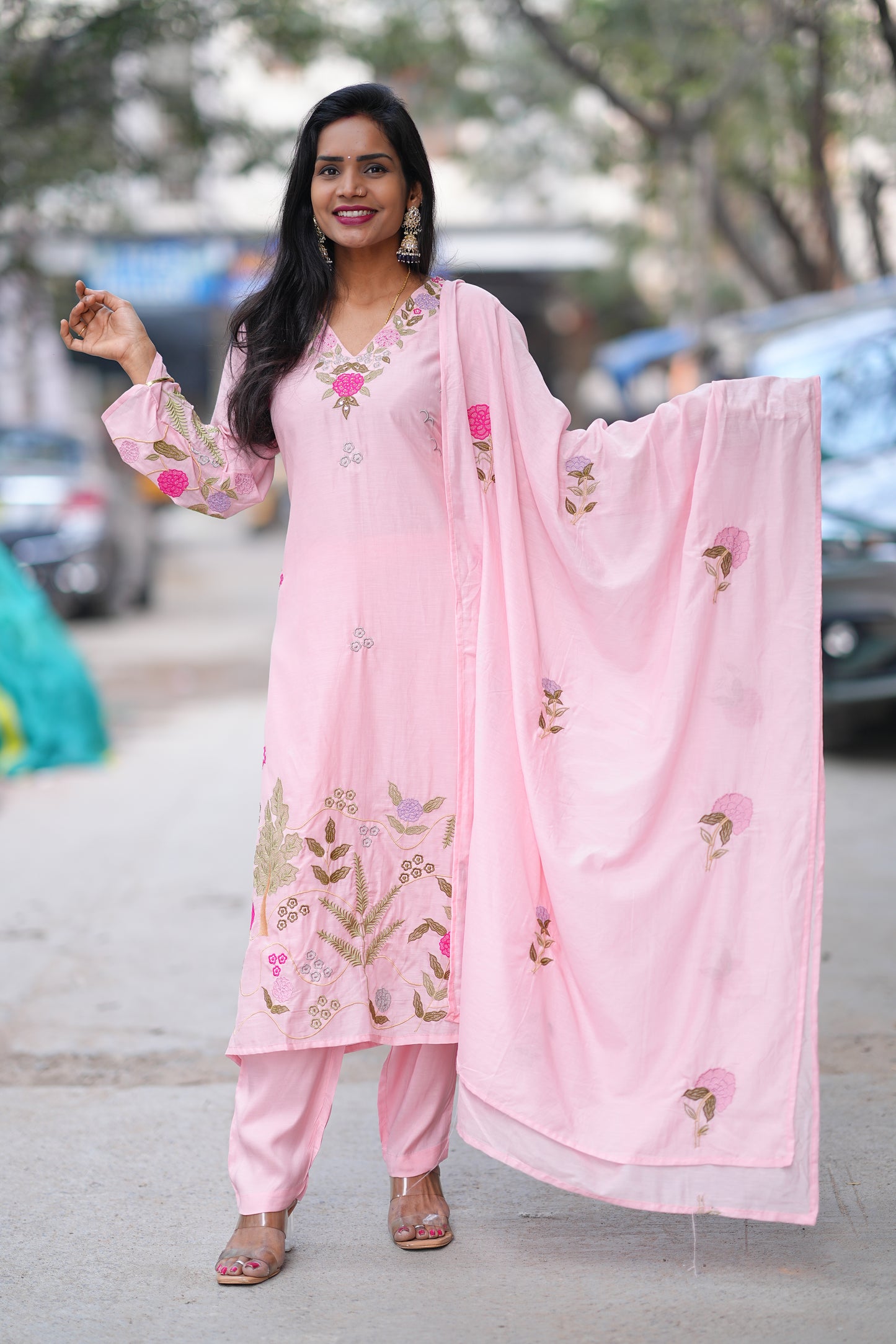 Pink Color Mul Chanderi Designer Wear 3 Piece Set