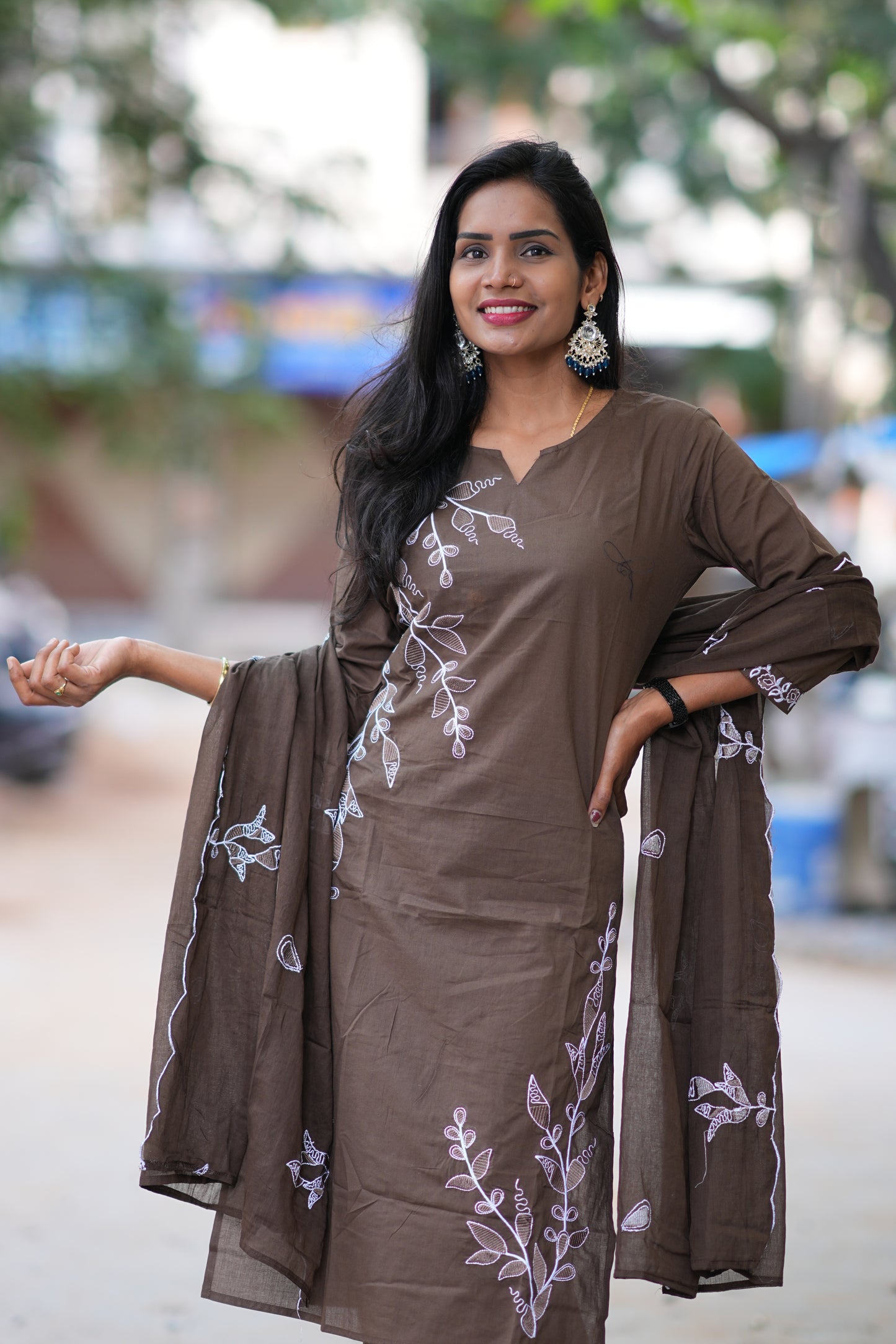 Chocolate Brown Color Jaipur Cotton 3 Piece Set With Thread Embroidery Work