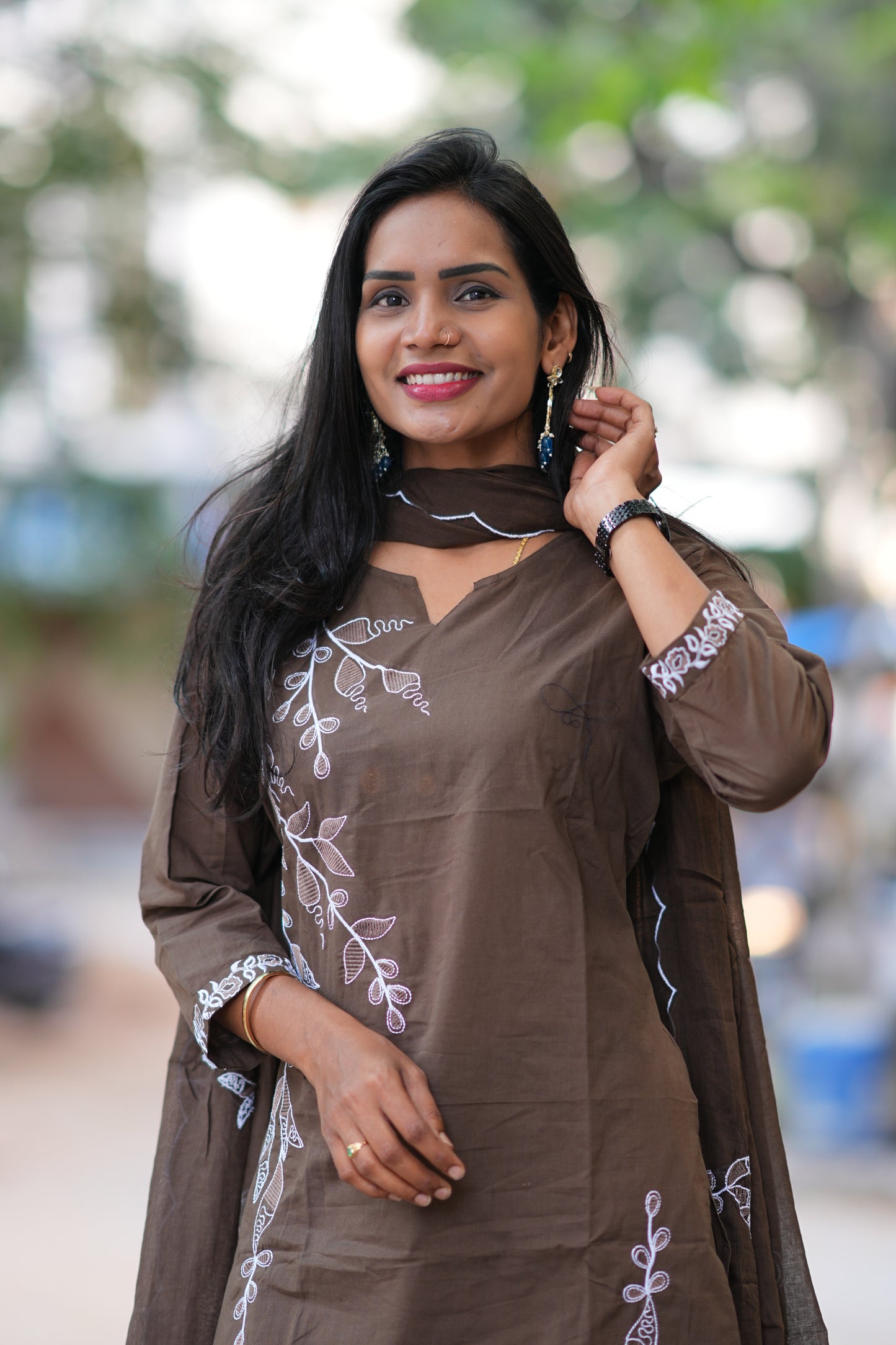 Chocolate Brown Color Jaipur Cotton 3 Piece Set With Thread Embroidery Work