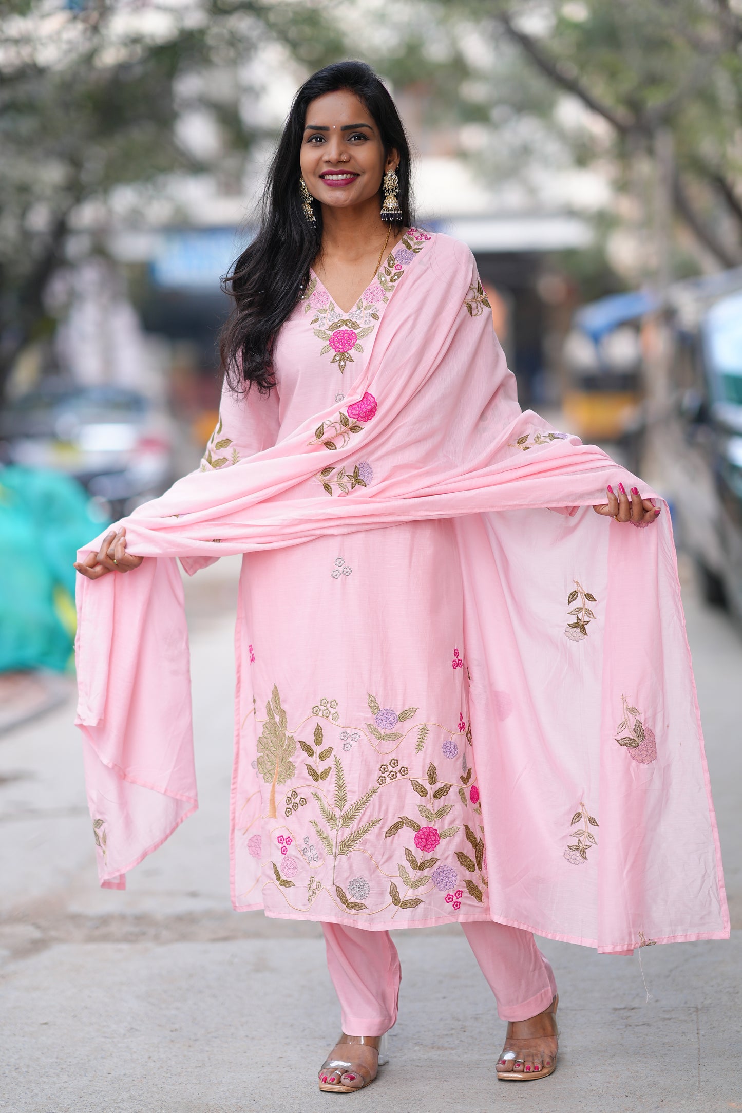 Pink Color Mul Chanderi Designer Wear 3 Piece Set