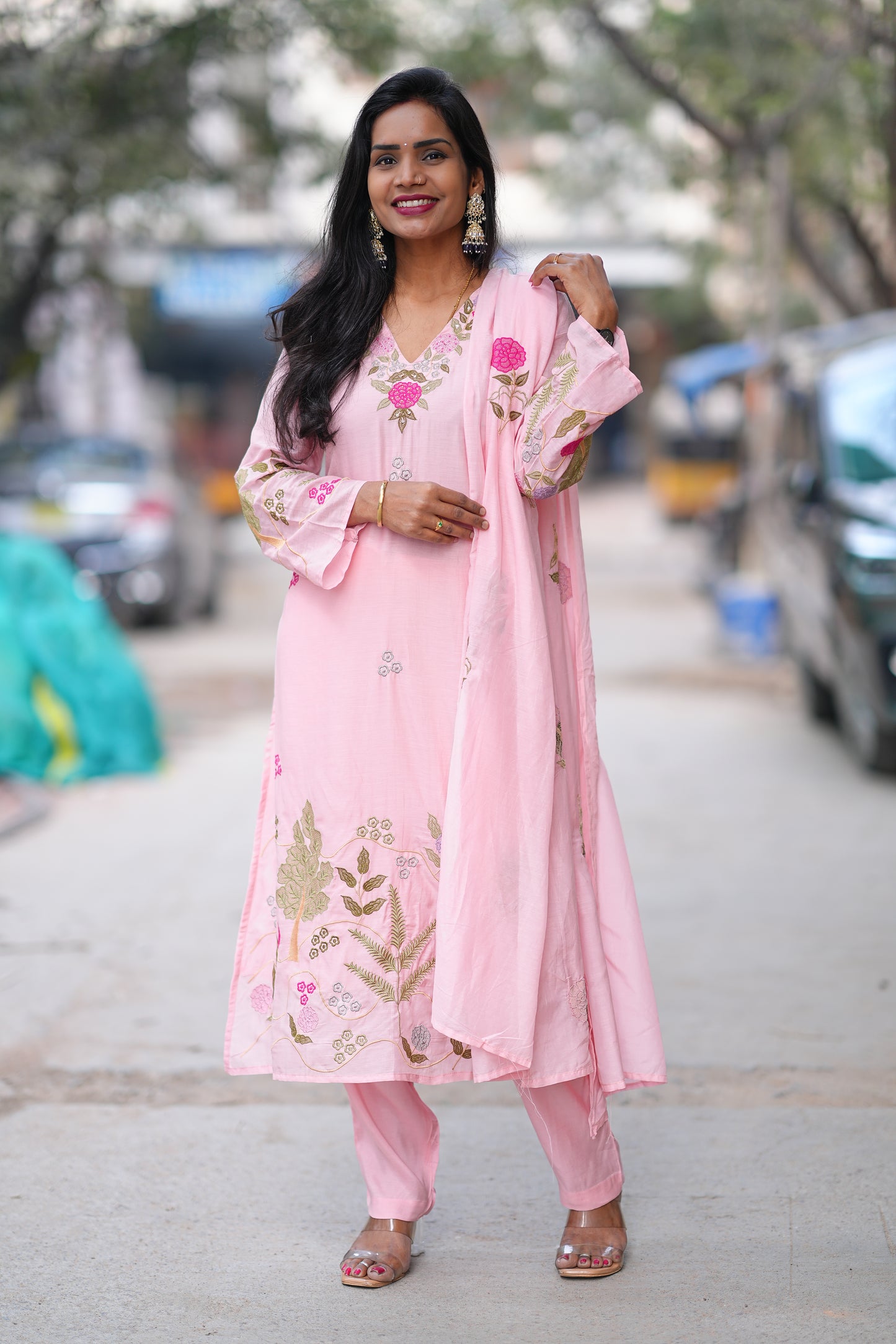 Pink Color Mul Chanderi Designer Wear 3 Piece Set