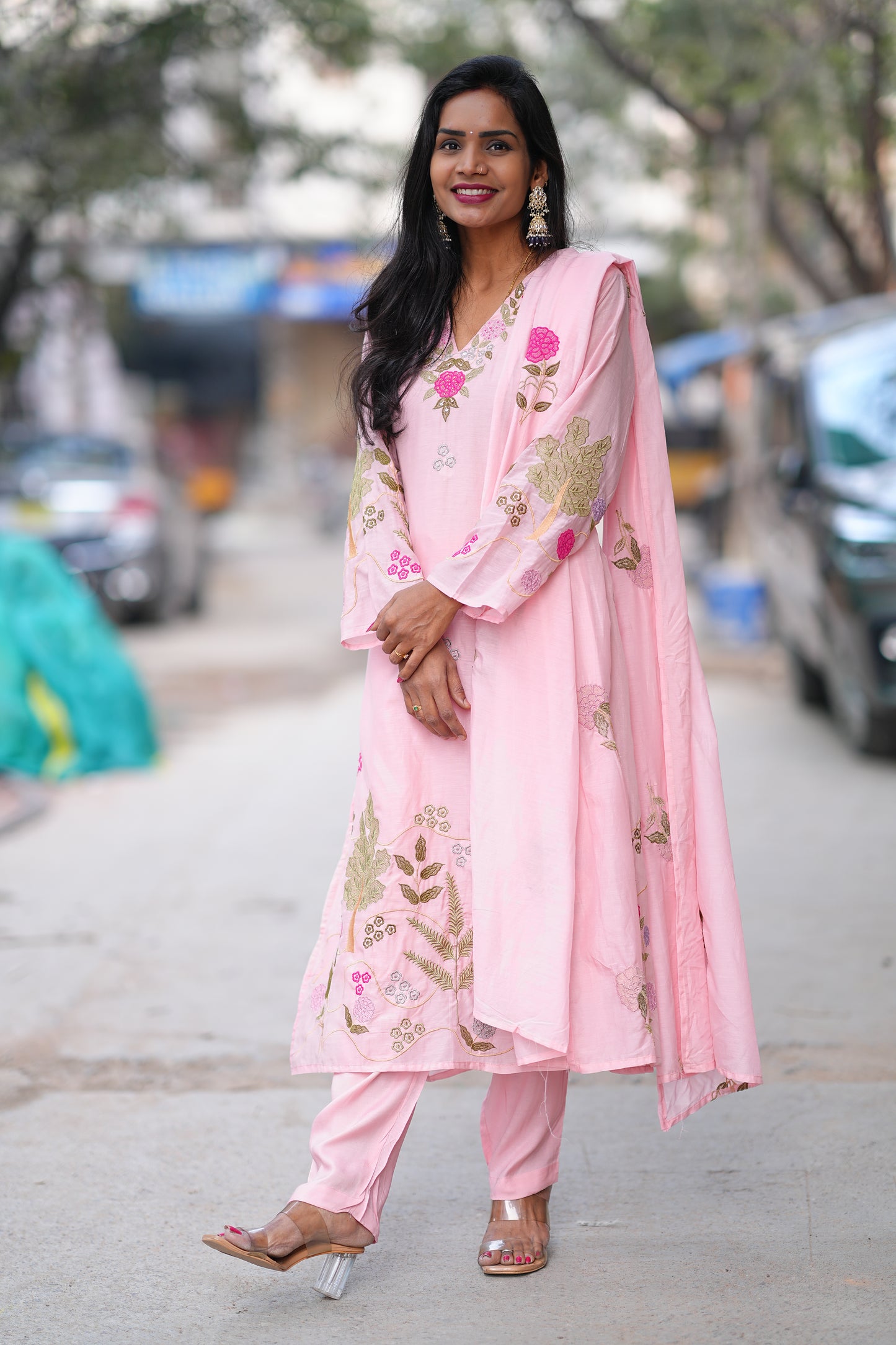 Pink Color Mul Chanderi Designer Wear 3 Piece Set
