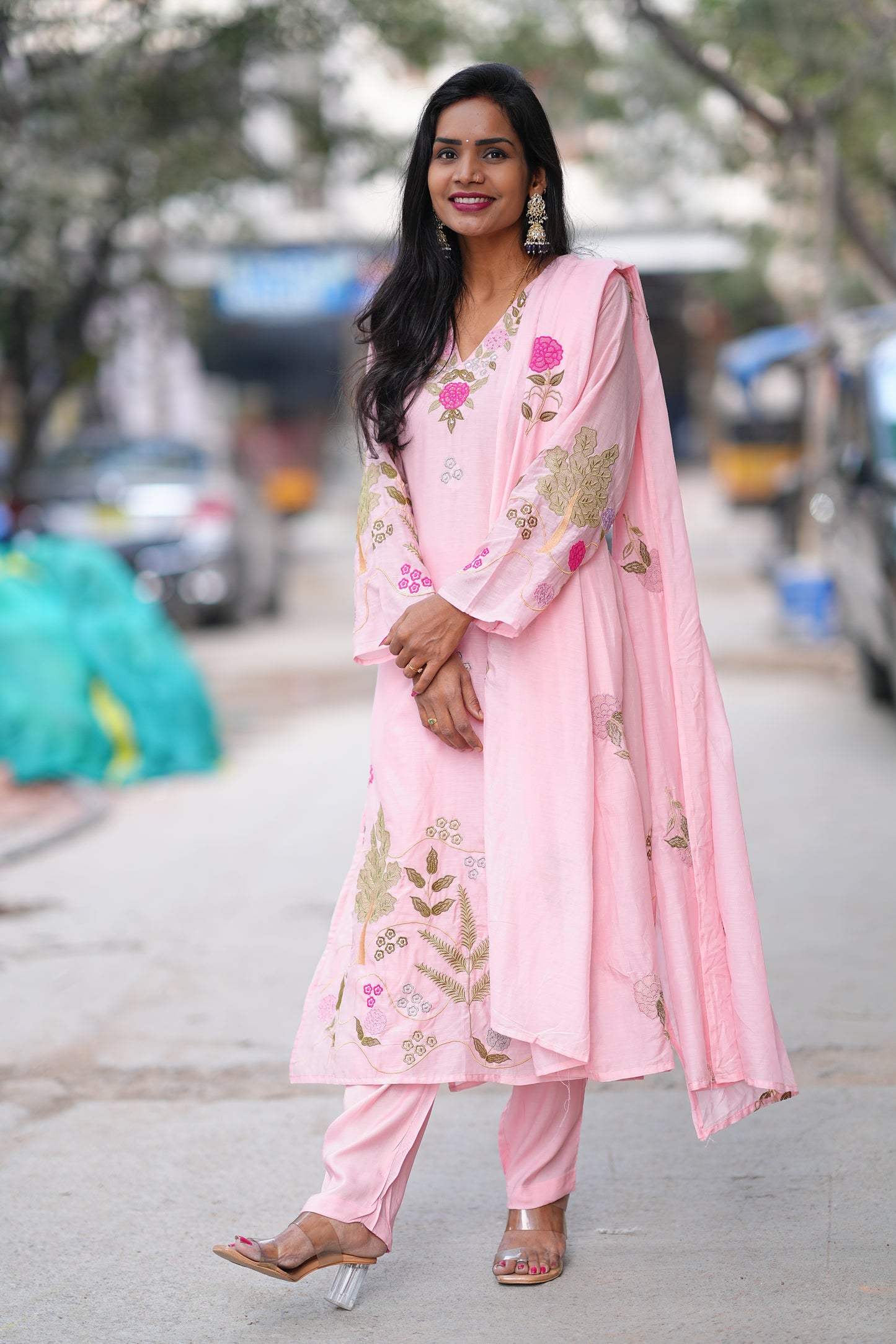 Pink Color Mul Chanderi Designer Wear 3 Piece Set