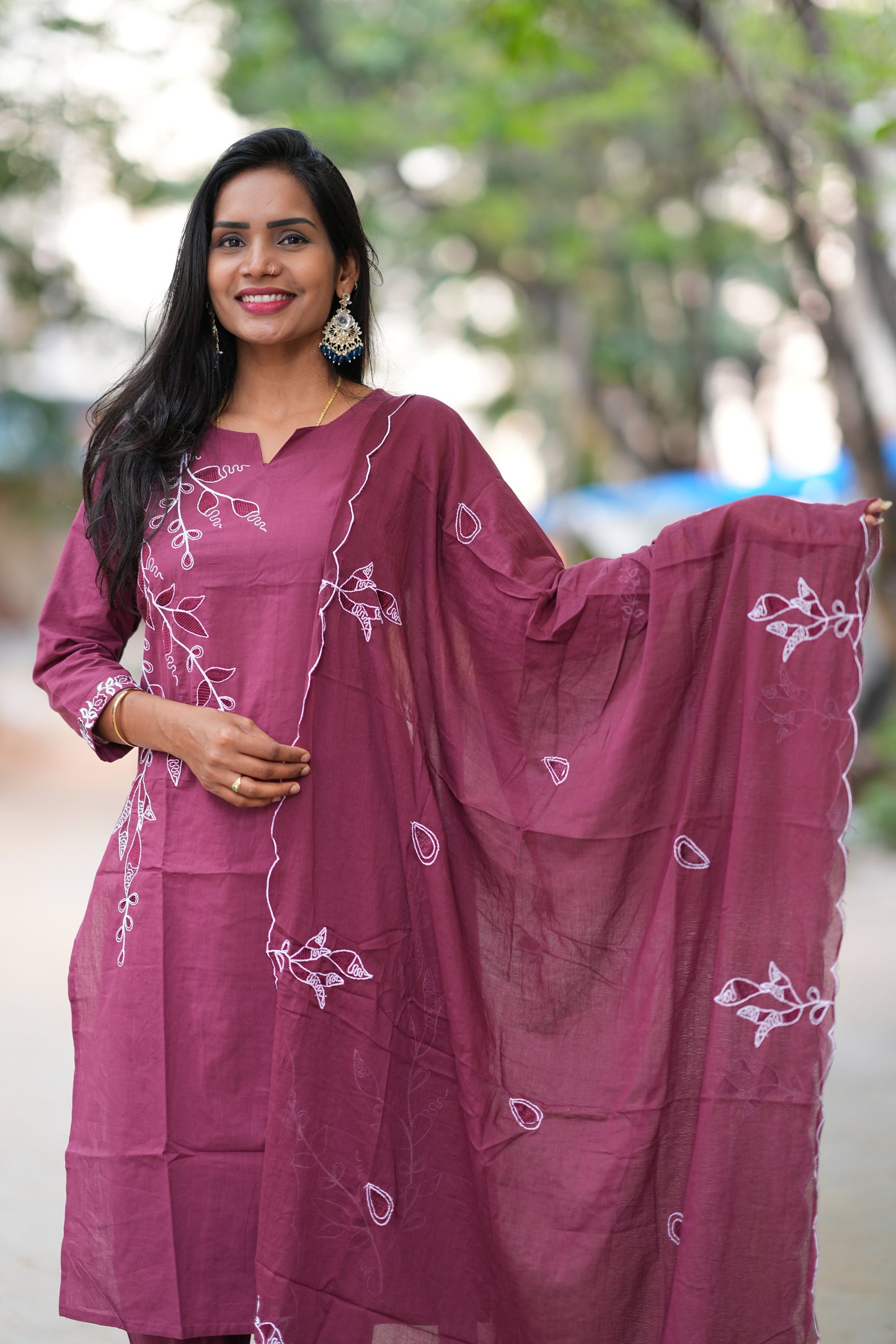 Rose Gold Color Jaipur Cotton 3 Piece Set With Thread Embroidery Work