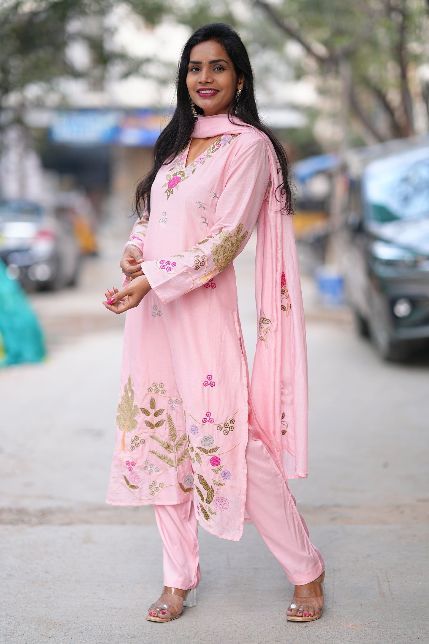 Pink Color Mul Chanderi Designer Wear 3 Piece Set