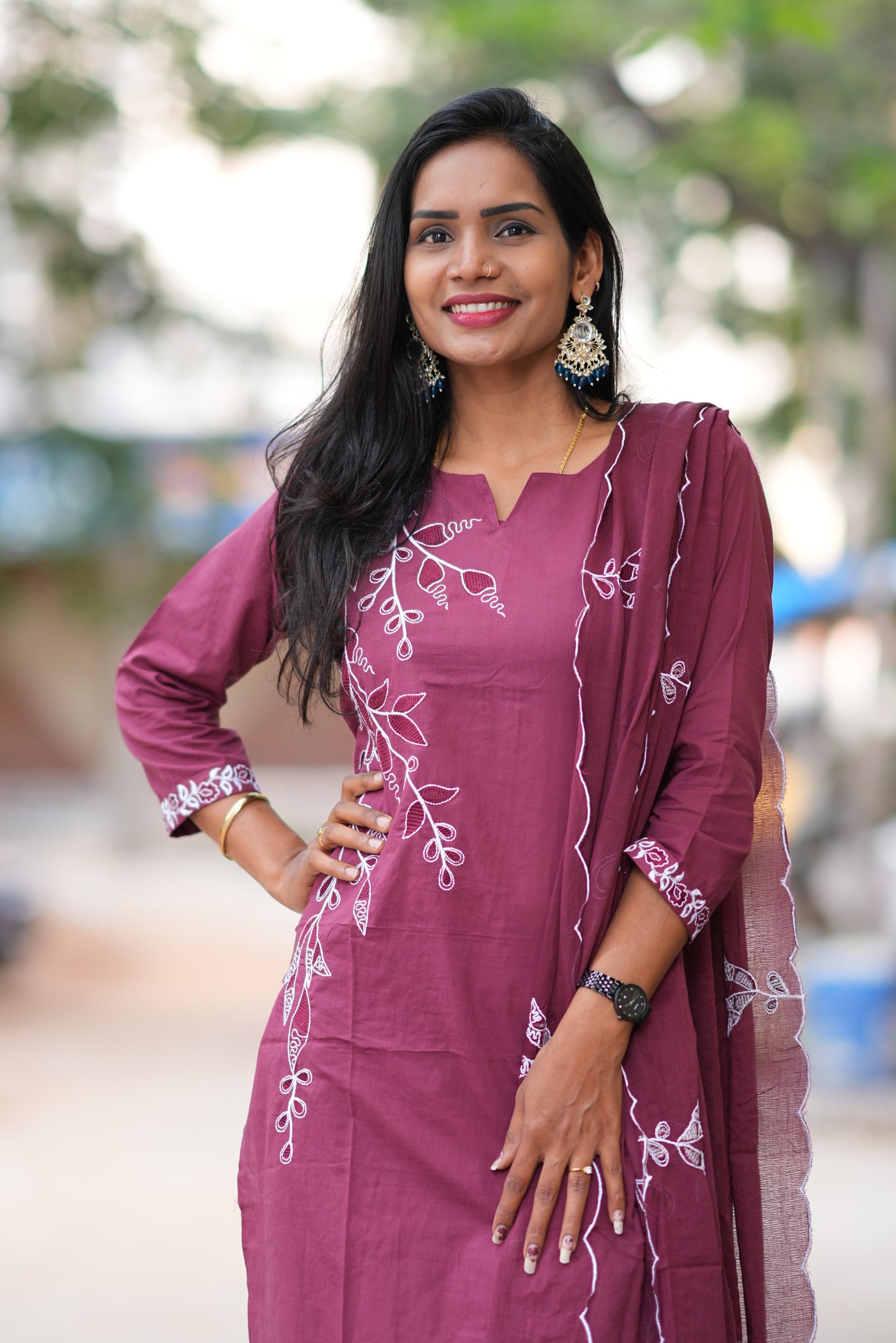 Rose Gold Color Jaipur Cotton 3 Piece Set With Thread Embroidery Work