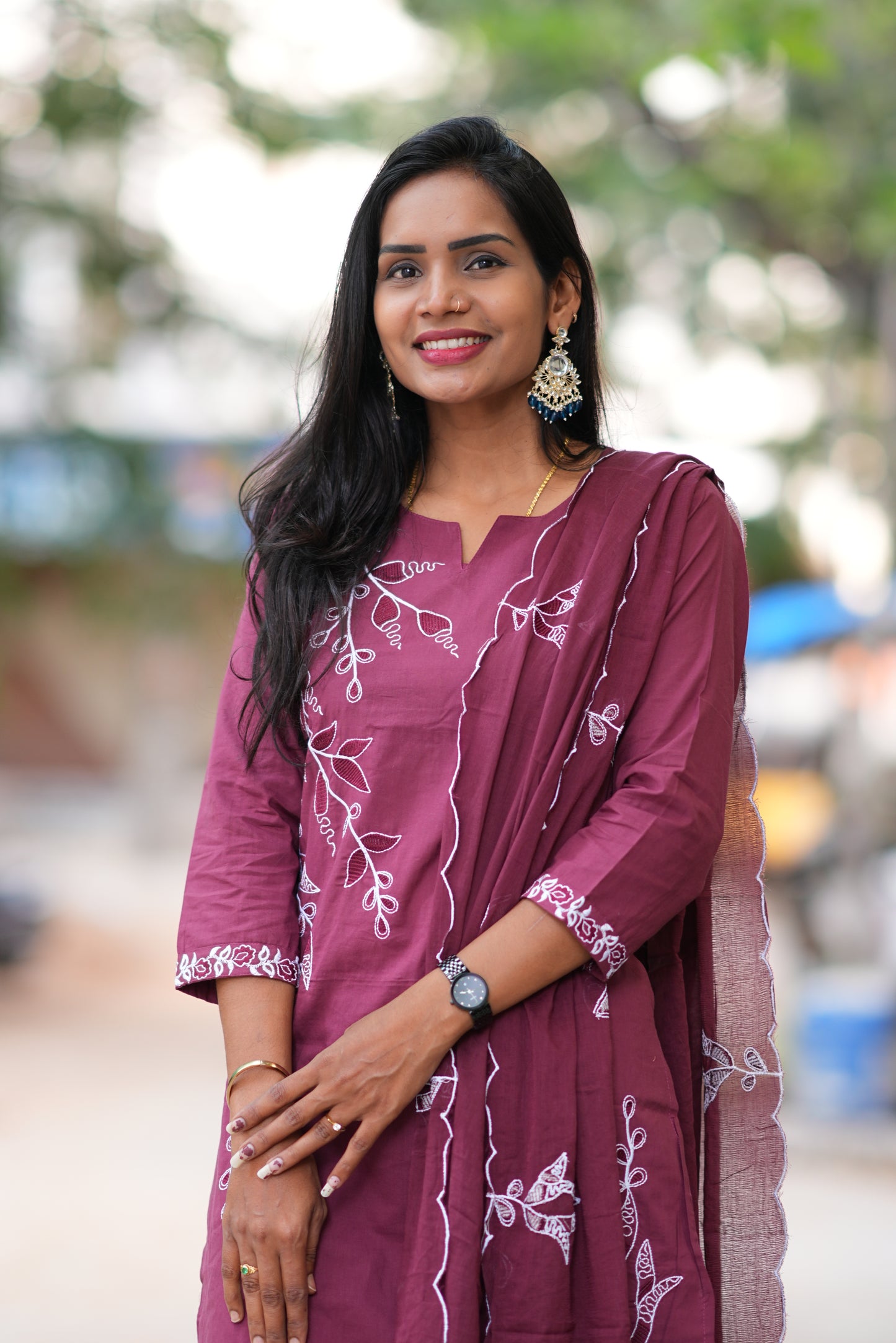 Rose Gold Color Jaipur Cotton 3 Piece Set With Thread Embroidery Work