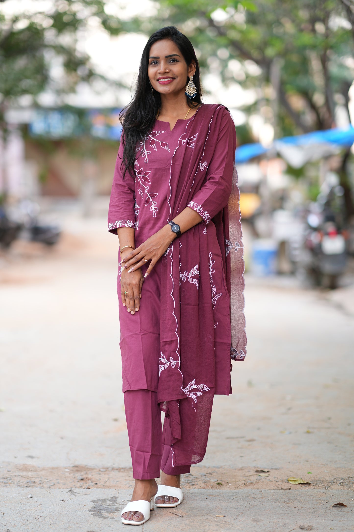 Rose Gold Color Jaipur Cotton 3 Piece Set With Thread Embroidery Work