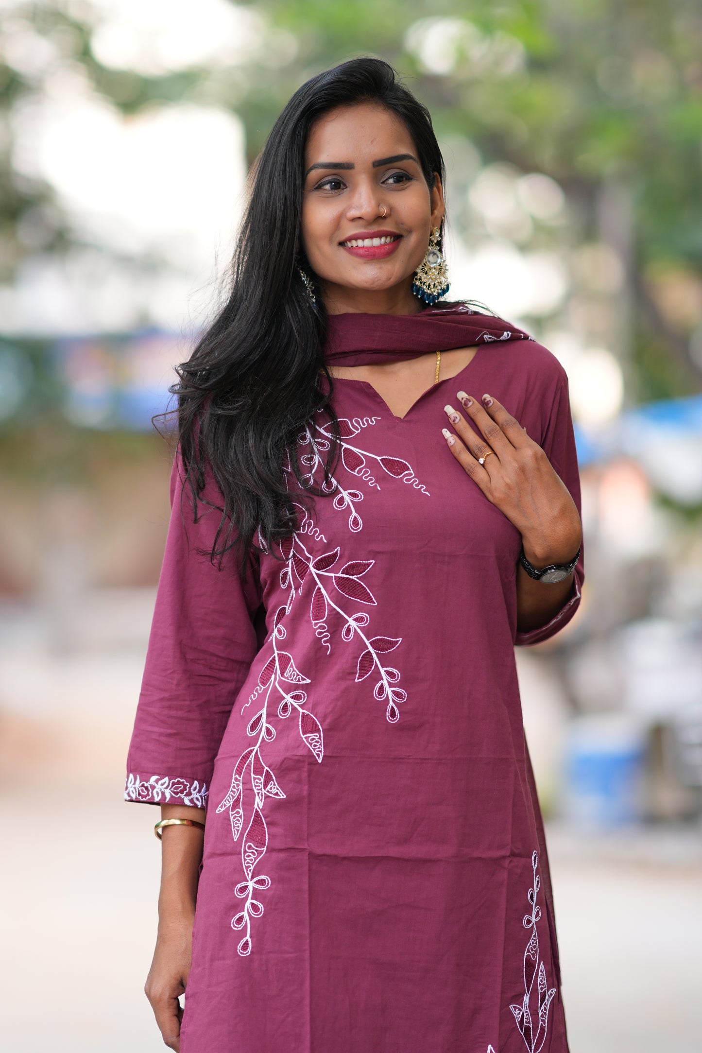 Rose Gold Color Jaipur Cotton 3 Piece Set With Thread Embroidery Work