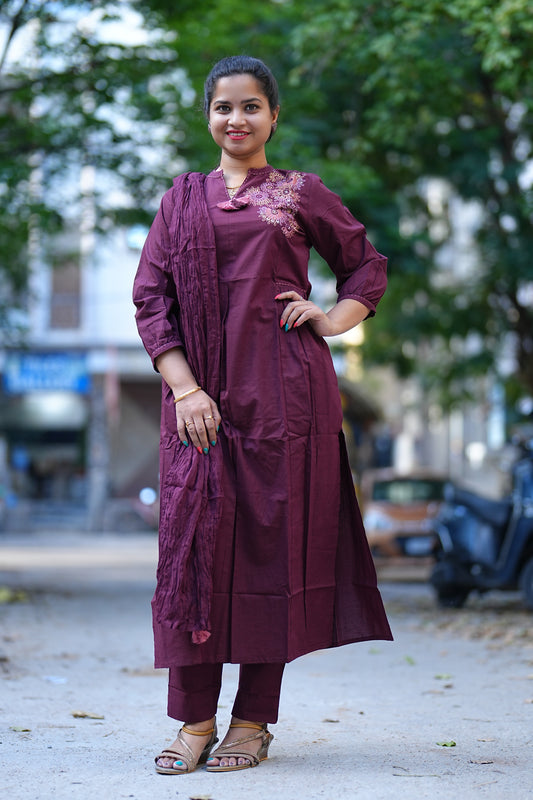 Wine Color Heavy Jaipur Cotton Anarkali 3 Piece Set