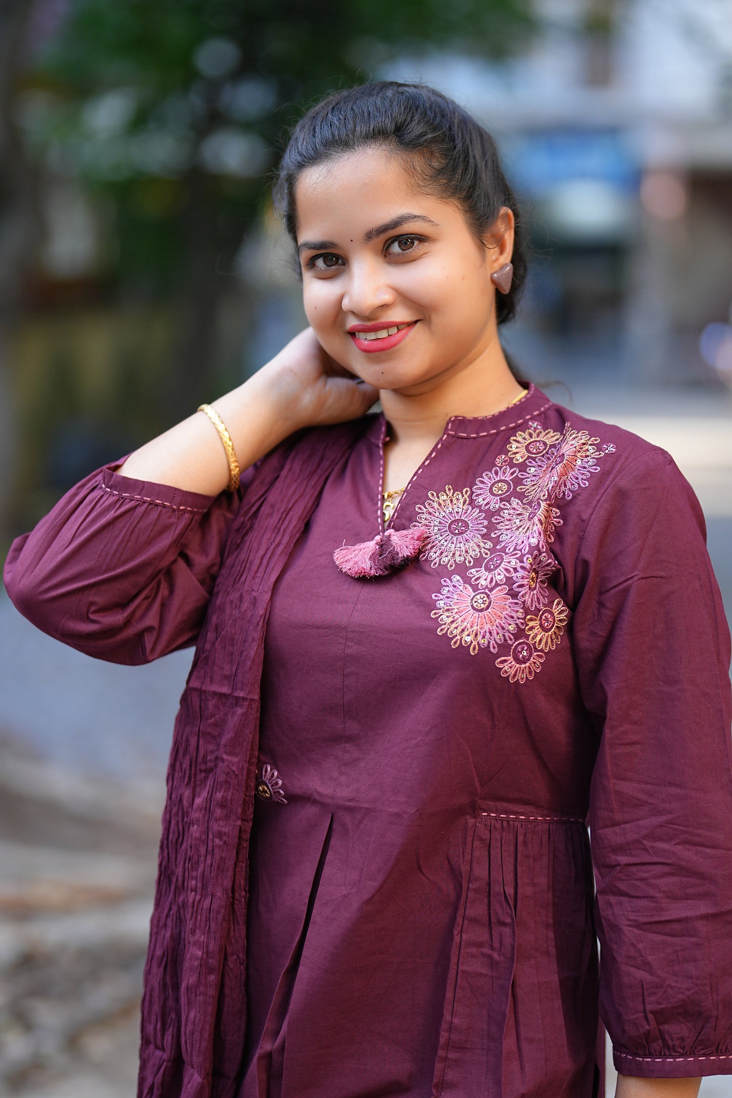 Wine Color Heavy Jaipur Cotton Anarkali 3 Piece Set