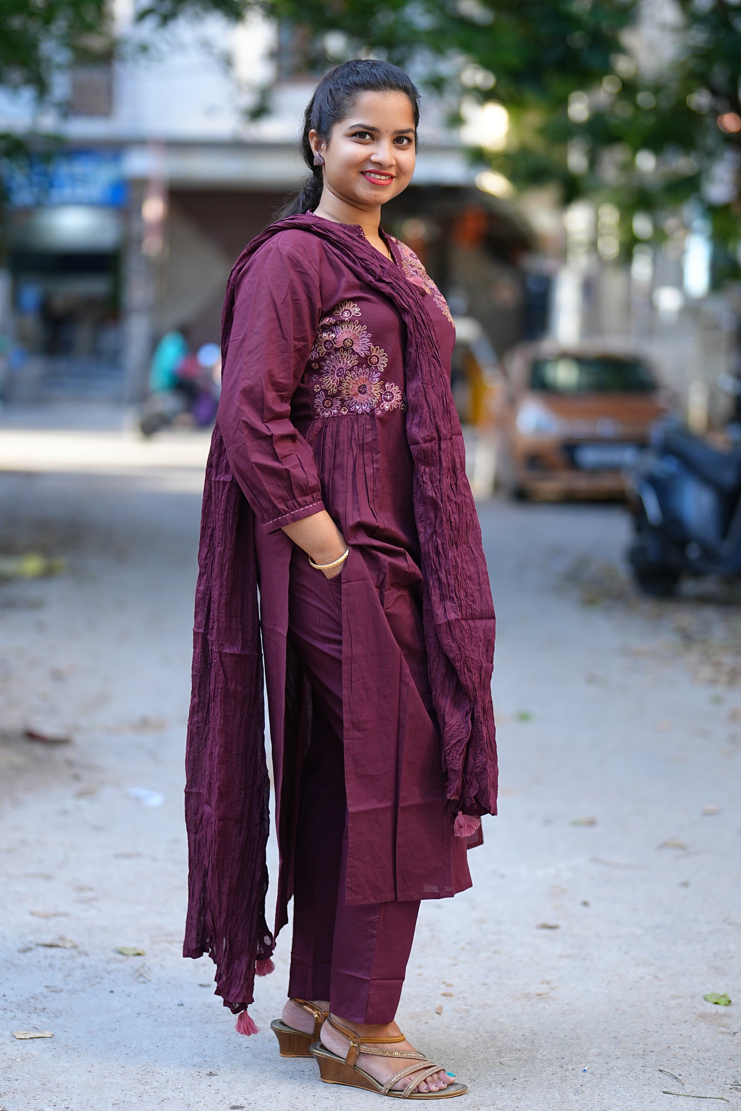 Wine Color Heavy Jaipur Cotton Anarkali 3 Piece Set