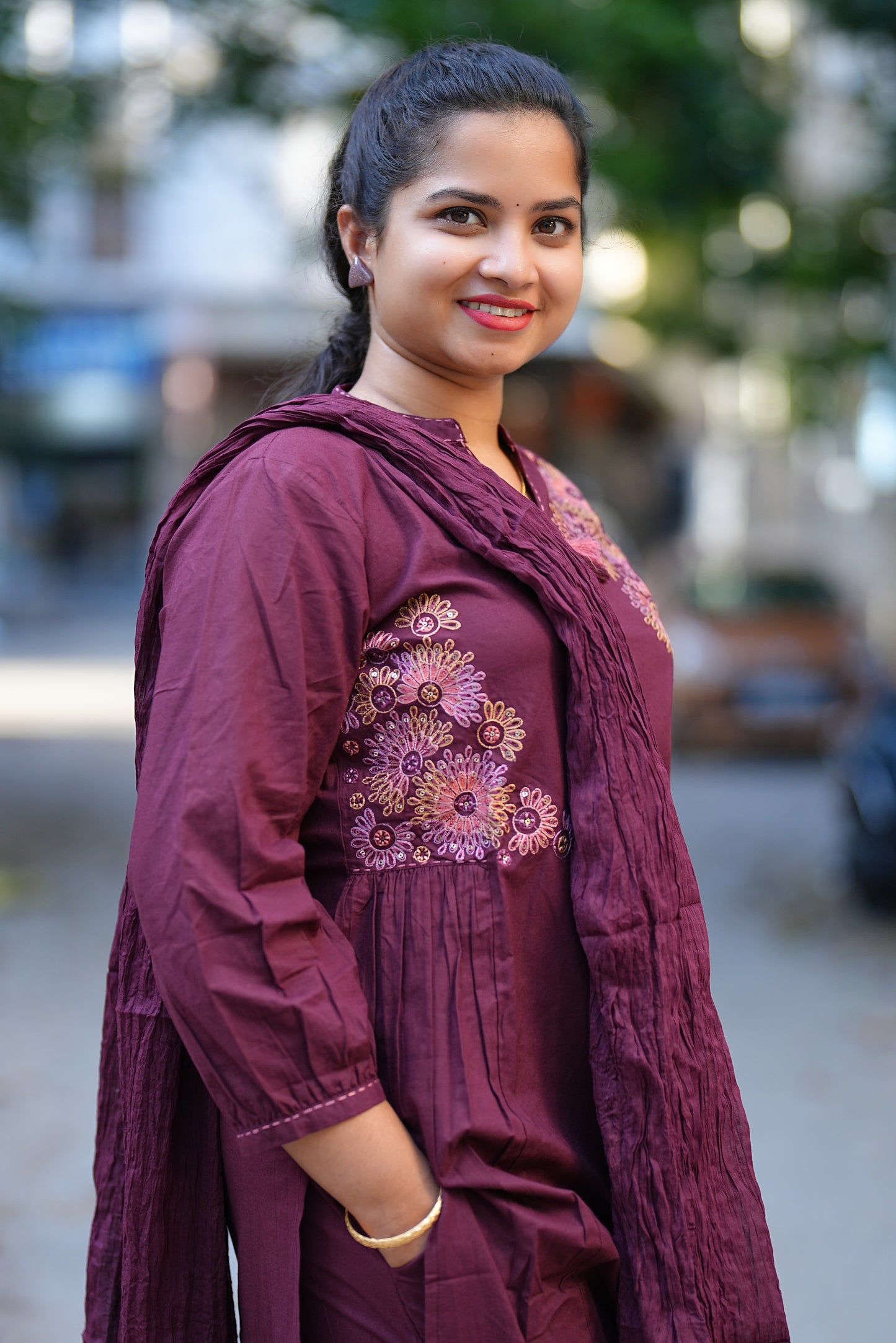 Wine Color Heavy Jaipur Cotton Anarkali 3 Piece Set