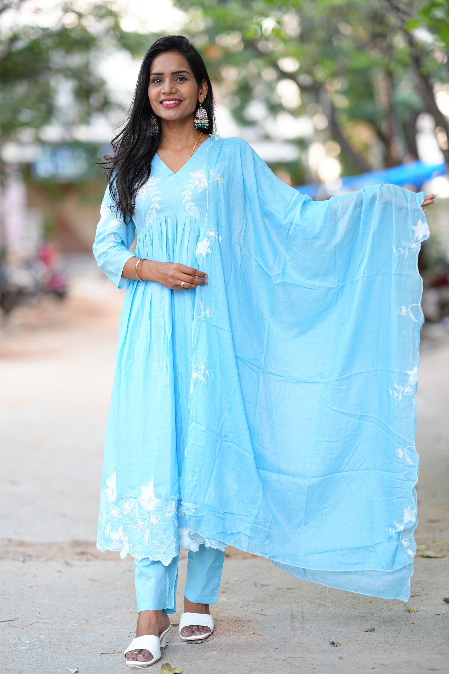 Powder Blue Color Mul Cotton 3 Piece Set With Applique Work and Complete Lining
