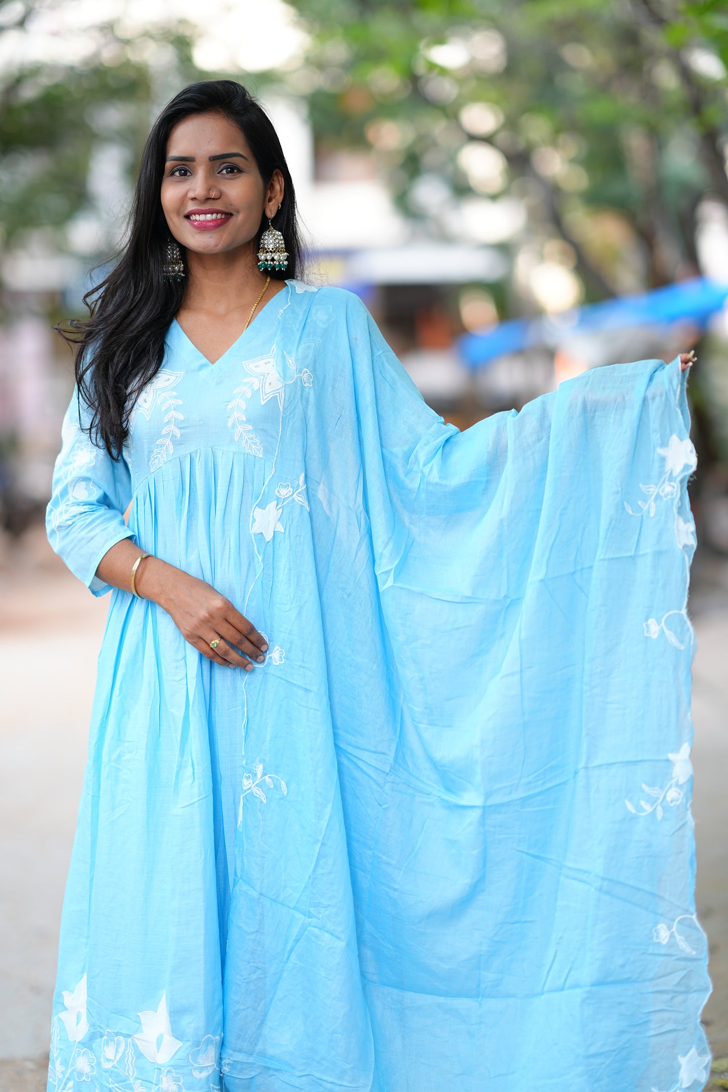 Powder Blue Color Mul cotton 3 Piece Set With Embroidery and Complete Lining