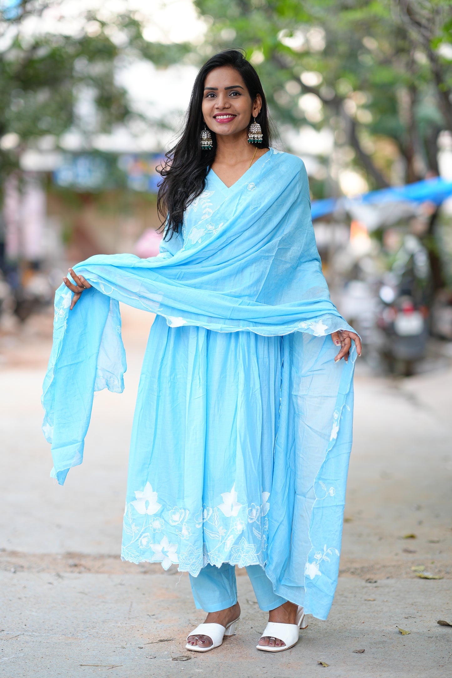 Powder Blue Pure Mul Cotton 3 Piece Set With Applique Work and Complete Lining