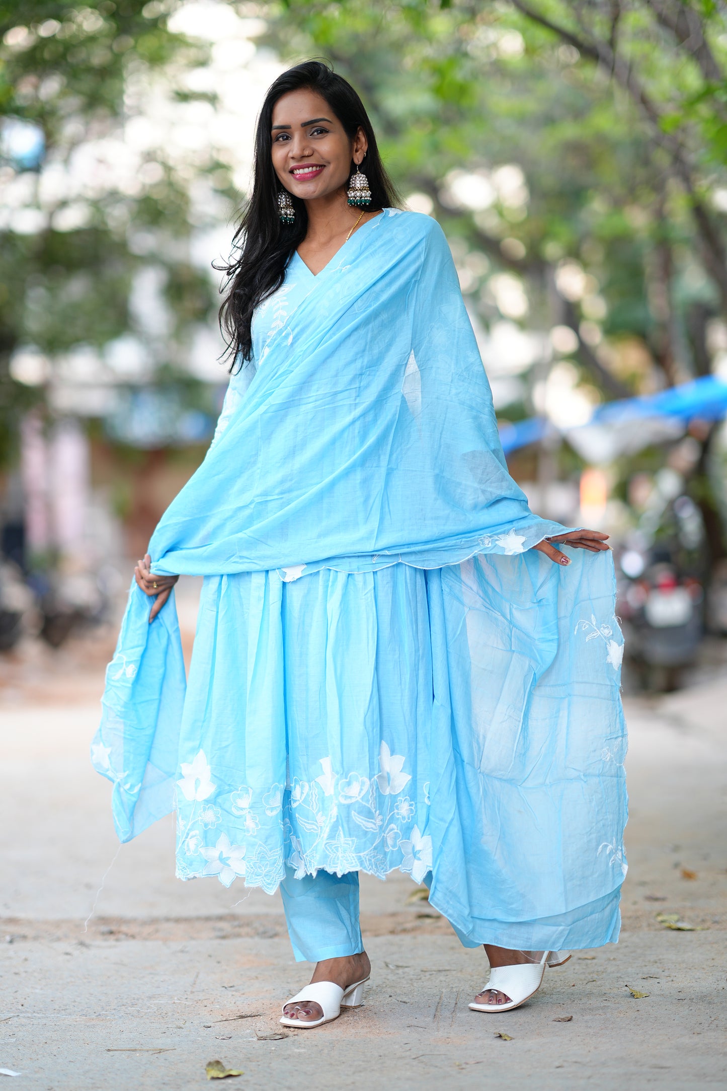 Powder Blue Color Mul cotton 3 Piece Set With Embroidery and Complete Lining