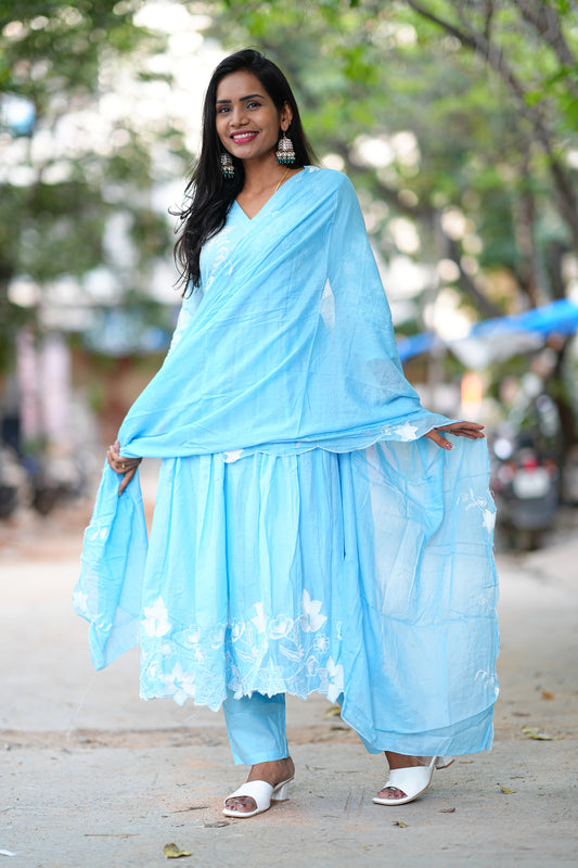 Powder Blue Color Mul Cotton 3 Piece Set With Applique Work and Complete Lining
