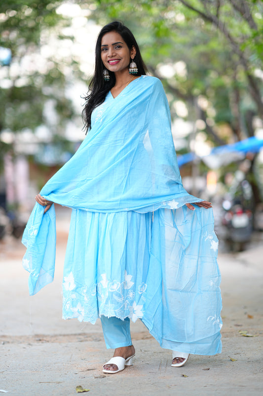 Powder Blue Color Mul cotton 3 Piece Set With Embroidery and Complete Lining