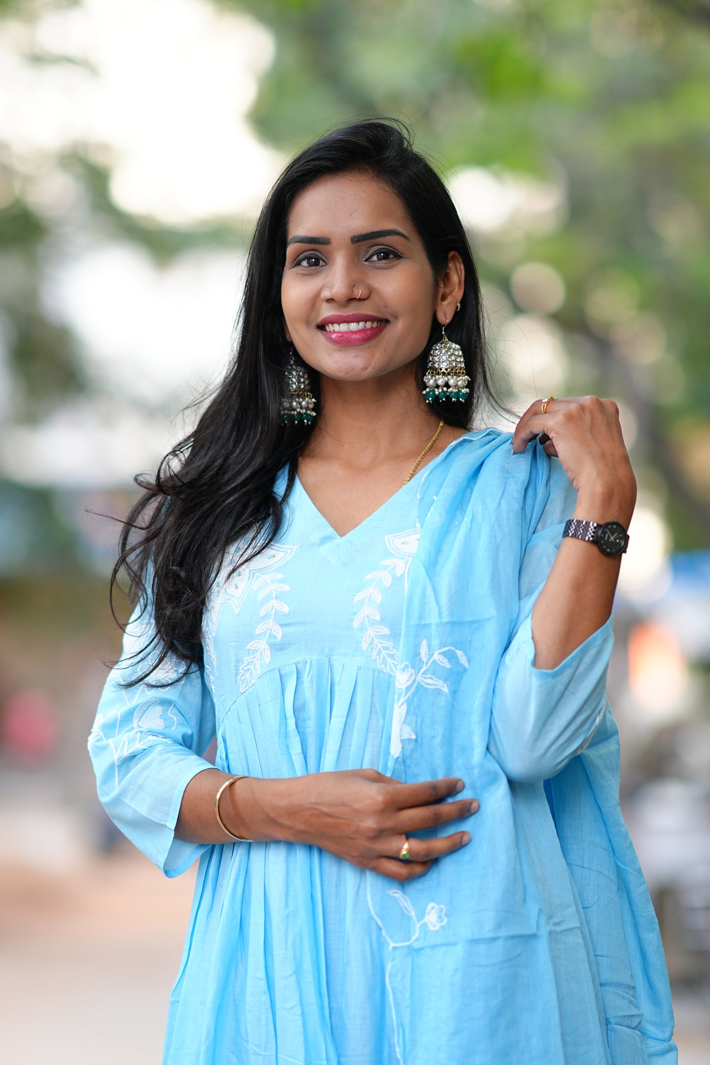 Powder Blue Pure Mul Cotton 3 Piece Set With Applique Work and Complete Lining