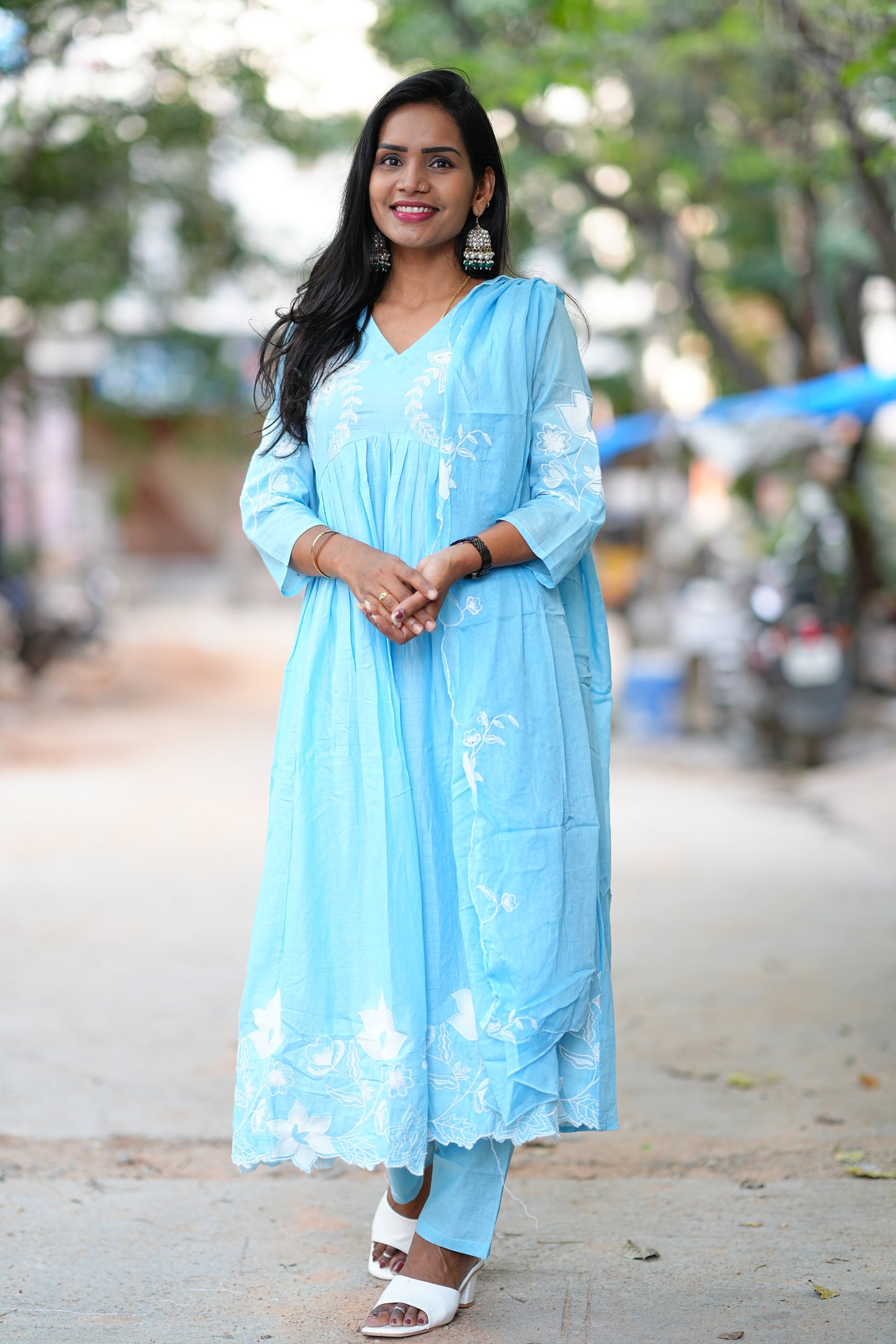 Powder Blue Color Mul Cotton 3 Piece Set With Applique Work and Complete Lining