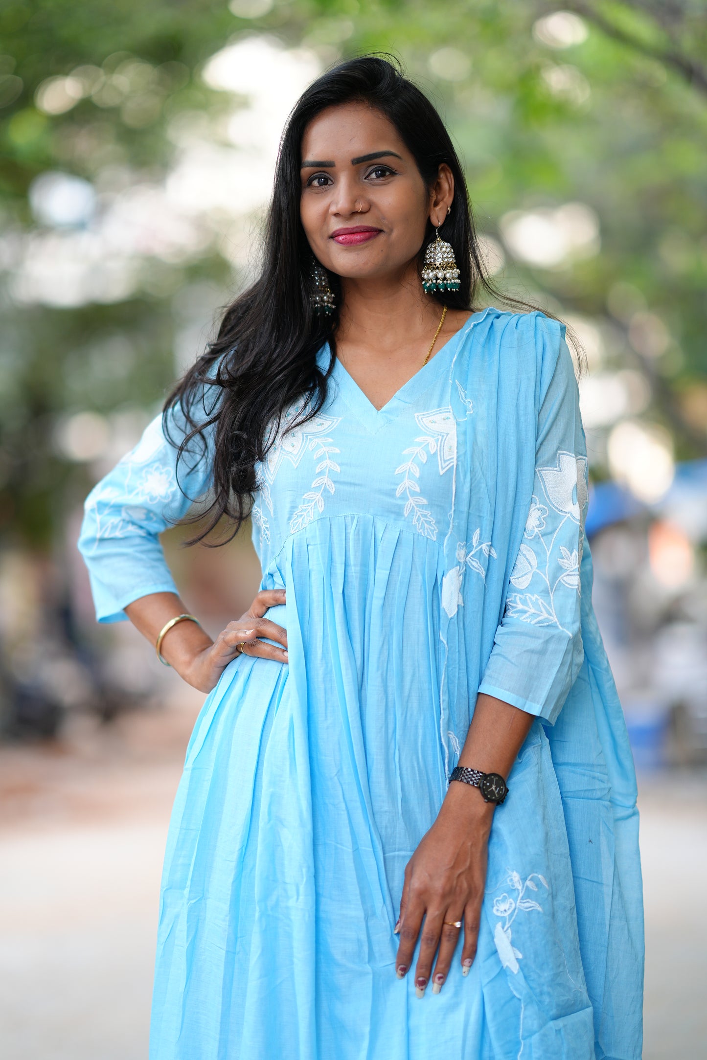 Powder Blue Pure Mul Cotton 3 Piece Set With Applique Work and Complete Lining