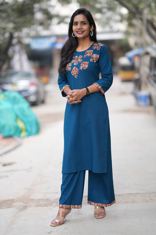 Teal Blue Color Jaipur Cotton Office Wear Cordset With Kalamkari Applique Work