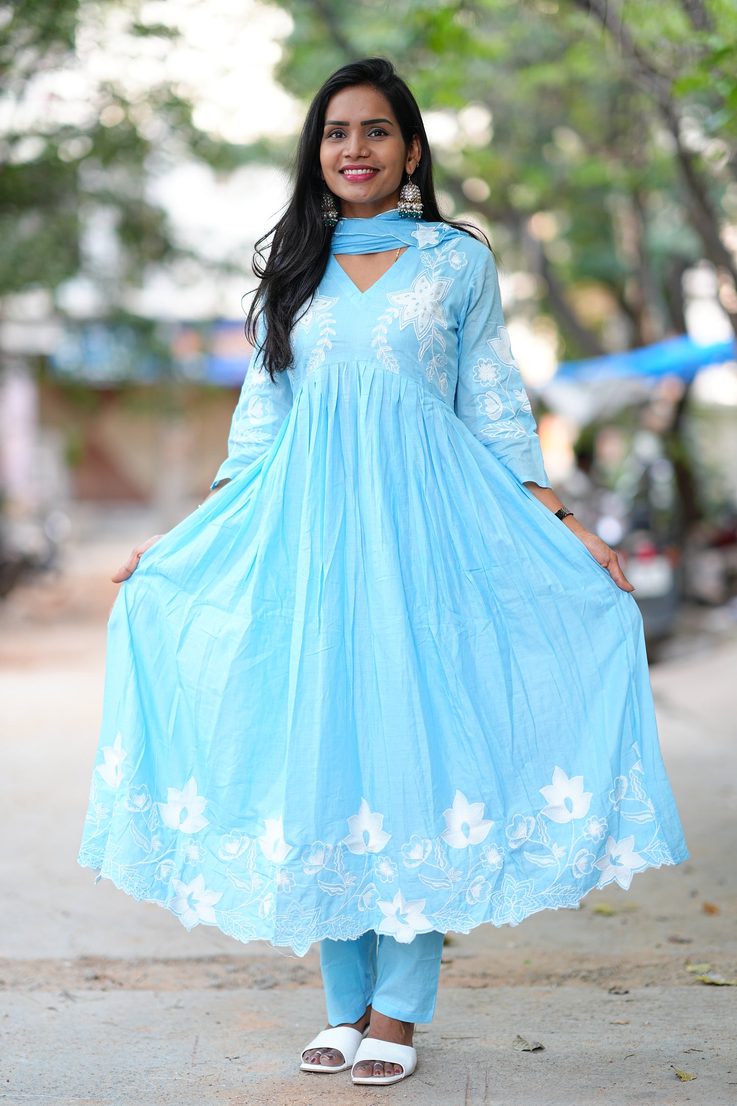Powder Blue Color Mul Cotton 3 Piece Set With Applique Work and Complete Lining