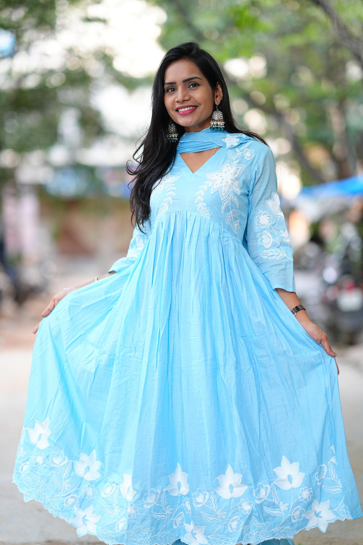 Powder Blue Pure Mul Cotton 3 Piece Set With Applique Work and Complete Lining