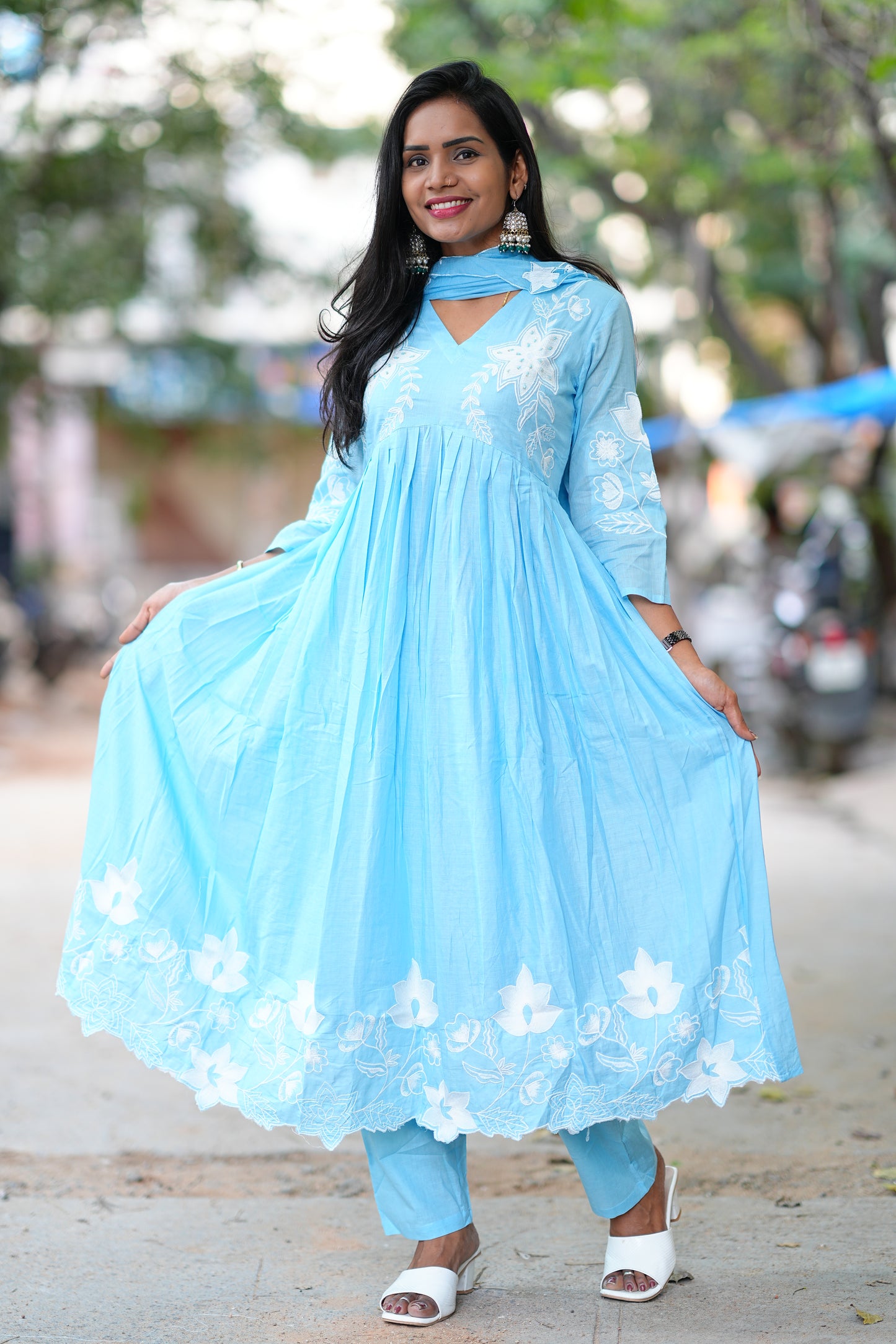 Powder Blue Color Mul Cotton 3 Piece Set With Applique Work and Complete Lining