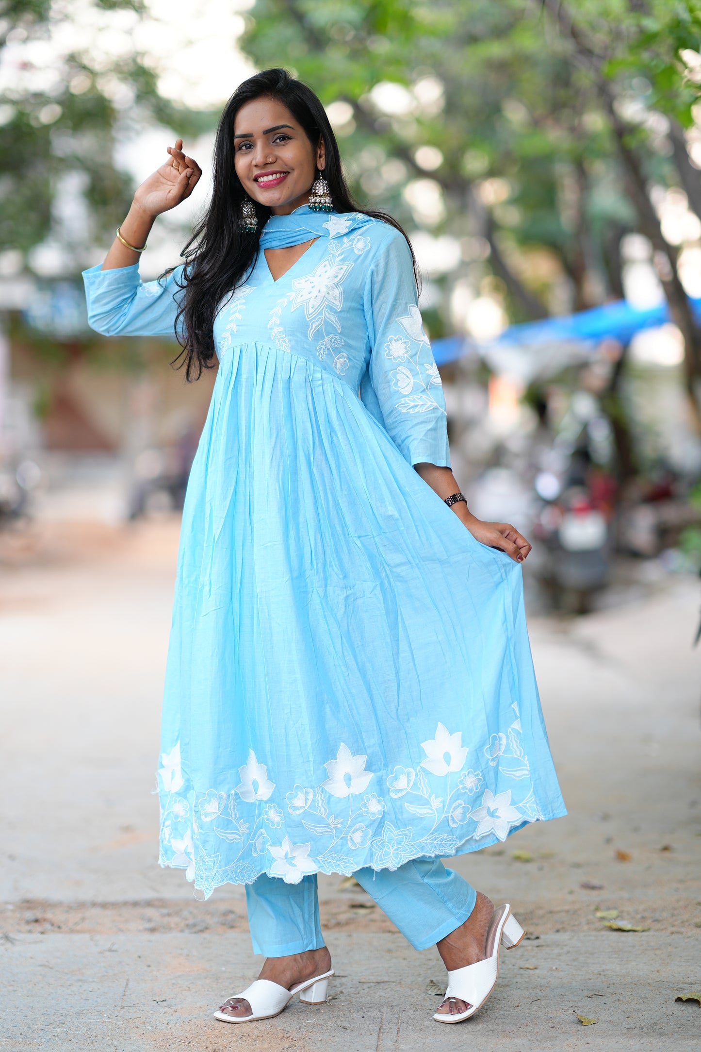 Powder Blue Pure Mul Cotton 3 Piece Set With Applique Work and Complete Lining