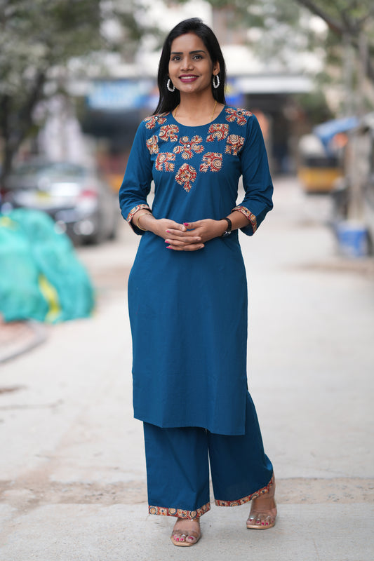 Teal Blue Color Jaipur Cotton Office Wear Cordset With Kalamkari Applique Work
