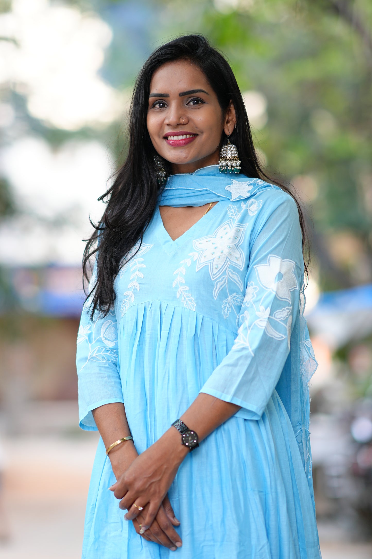 Powder Blue Pure Mul Cotton 3 Piece Set With Applique Work and Complete Lining