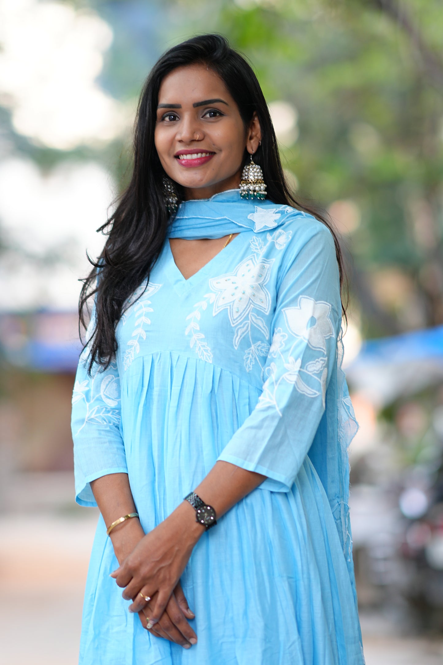 Powder Blue Color Mul cotton 3 Piece Set With Embroidery and Complete Lining