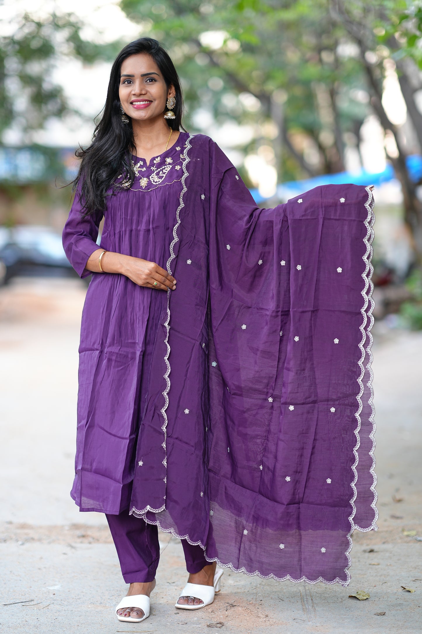 Purple Color Mul Chanderi Festive Wear Anarkali 3 Piece Set
