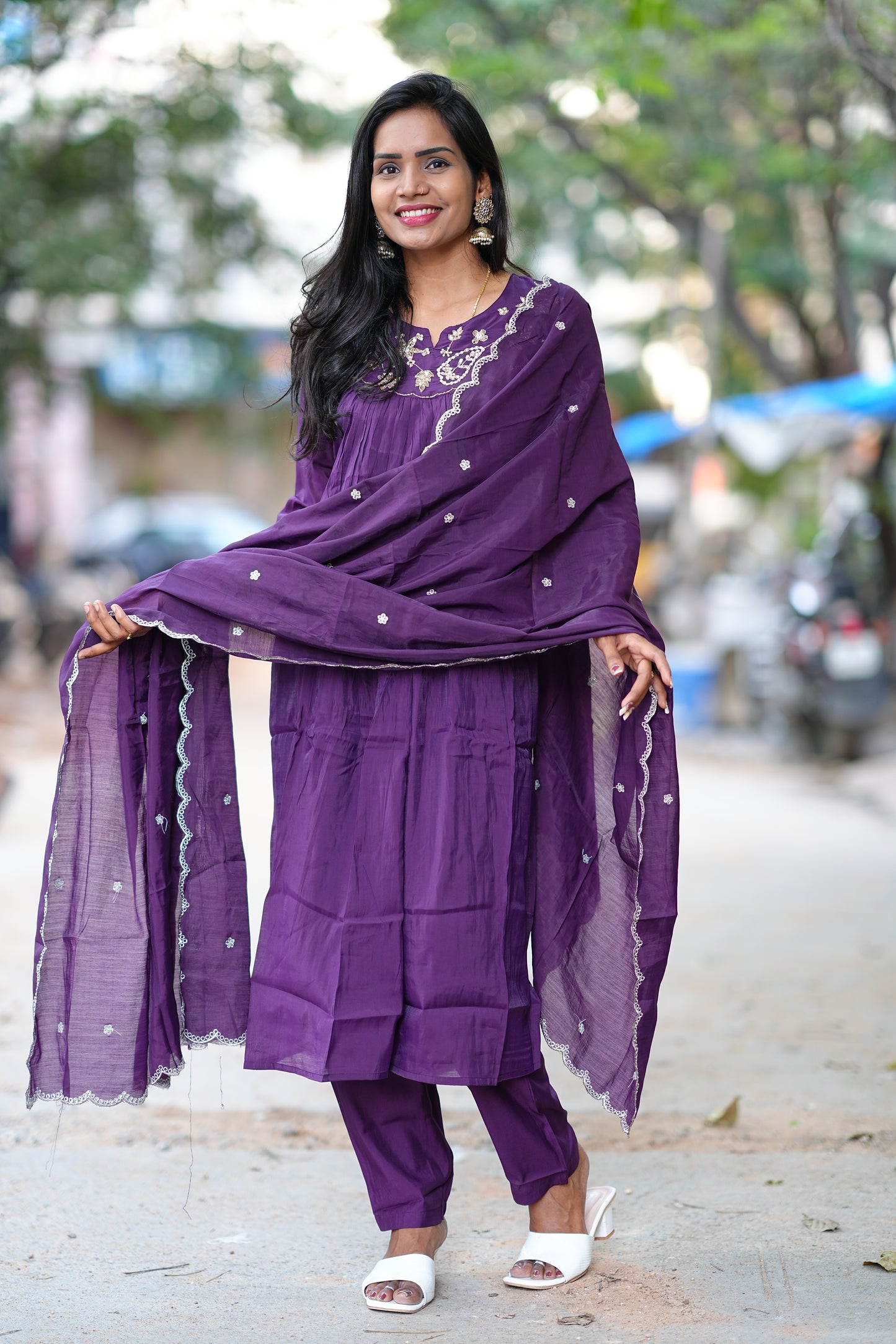 Purple Color Mul Chanderi Festive Wear Anarkali 3 Piece Set